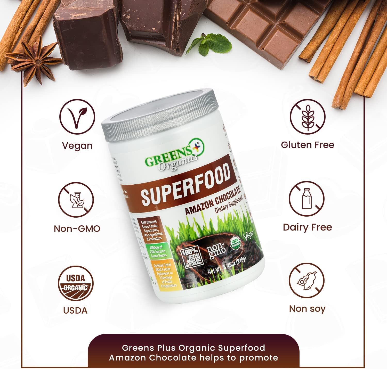 Greens+ Organic Superfood Raw Powder with Superfood Amazon Chocolate, Boost Energy, Immune Support Raw Foods, Vegan, Vitality, Non GMO, Gluten and Sugar Free Bundle (Pack of 2)