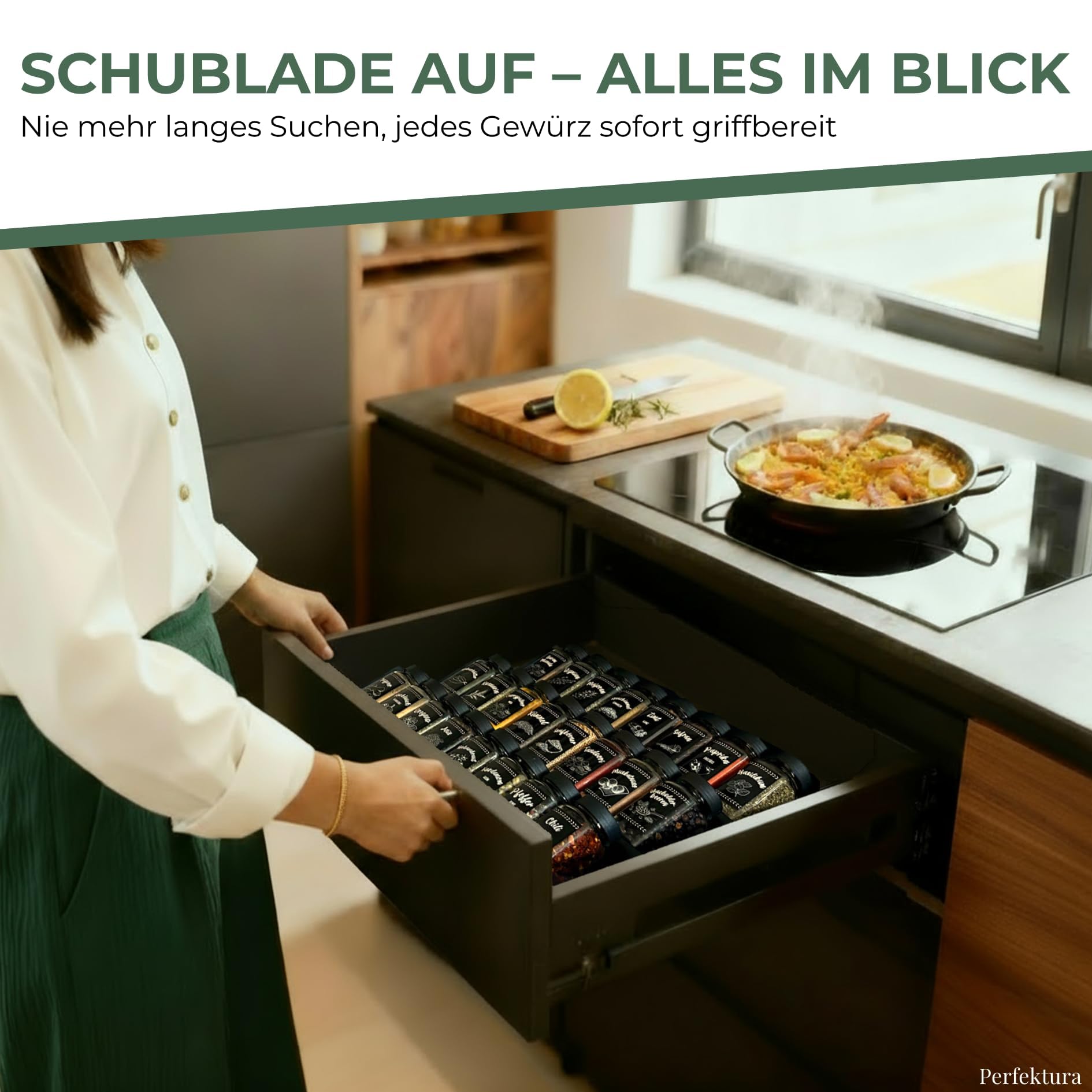 Gewürz Organizer Schublade Gewürzregal Schublade - 24 Gewürzgläser mit Etiketten, Premium Schubladen Organizer, ausziehbar & flexibel einstellbar