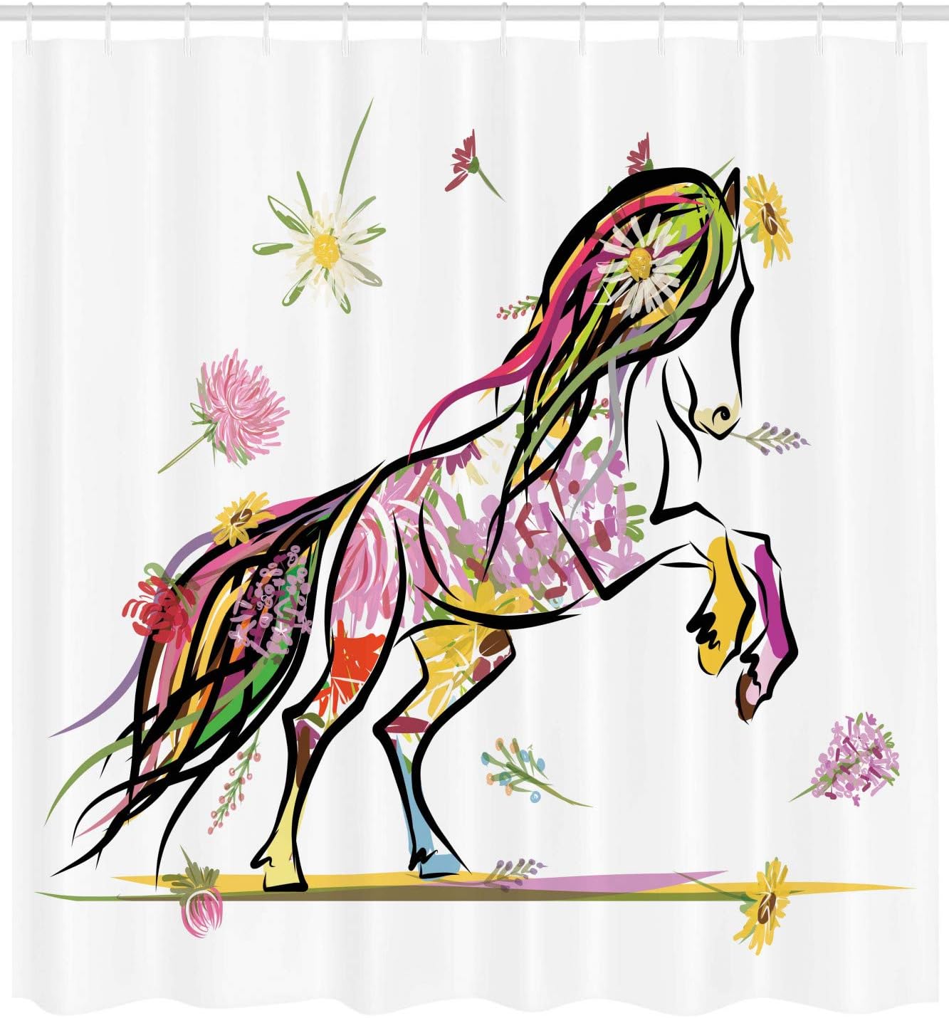Ambesonne Sketchy Shower Curtain, Pony Horse Surrounded by Colorful Flowers on Her Tail and Hair Design, Cloth Fabric Bathroom Decor Set with Hooks, 69" W x 75" L, Red Black