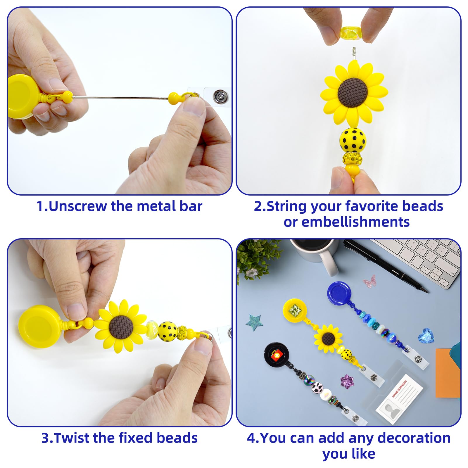 Kit de fabrication de 60 bobines de badges colorées à perles vierges – Enrouleur de badge rétractable avec clip de ceinture pour nom d'identité, cadeau à faire soi-même pour infirmières, enseignants
