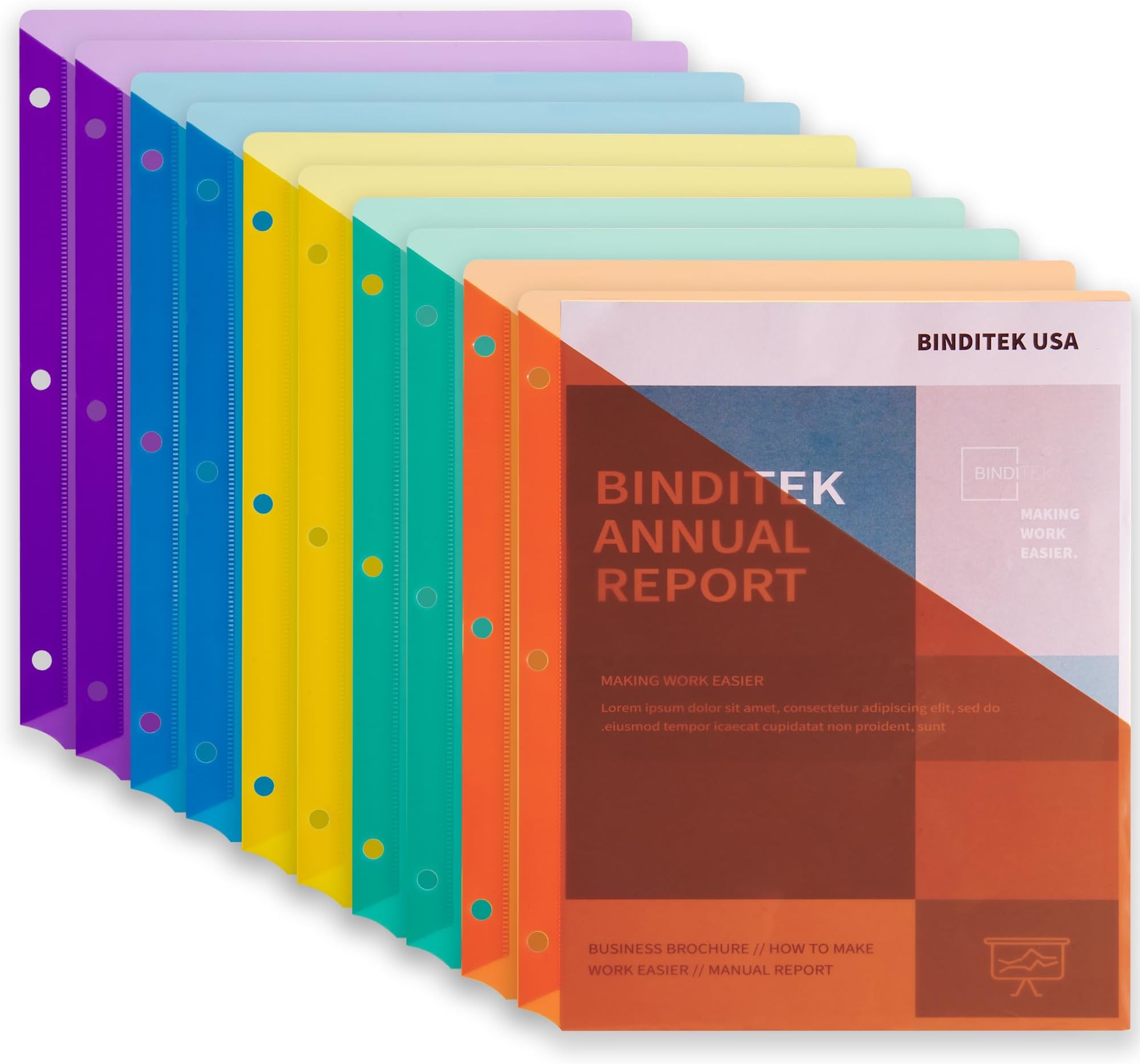 Binditek 10 Pack Poly Slash File Jackets for 3 Ring Binder, 3-Hole Punched Binder Pockets Organizer, Letter Size, 5 Assorted Colors, for Students and Coworkers