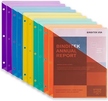 Binditek 10 Pack Poly Slash File Jackets for 3 Ring Binder, 3-Hole Punched Binder Pockets Organizer, Letter Size, 5 Assorted Colors, for Students and Coworkers