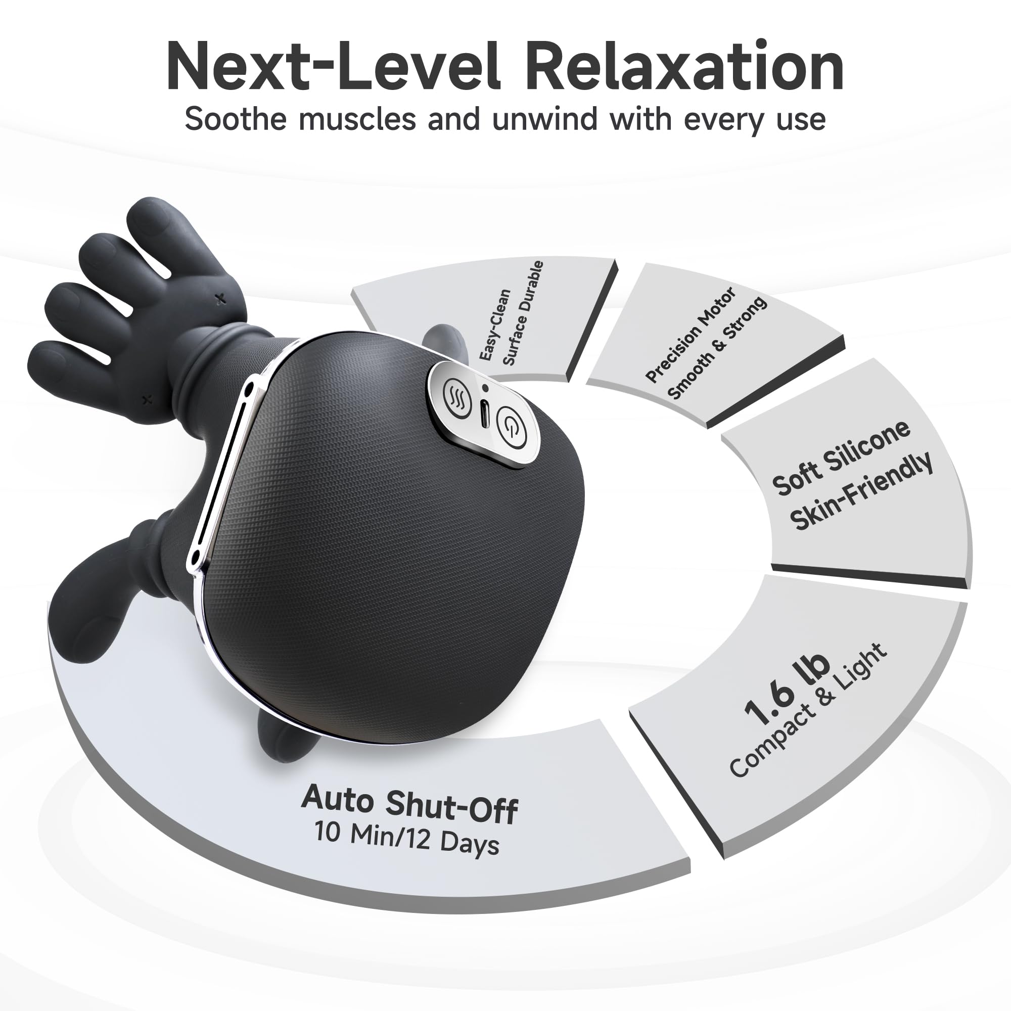 Shiatsu Masseur Cervicales et Cou Chauffant - yorraka 3 Niveaux de Massage & 2 Niveaux de Température Appareil Massage avec Chaleur - Rechargeable USB-C Main Massante Nuque Sans Fil (Noir)