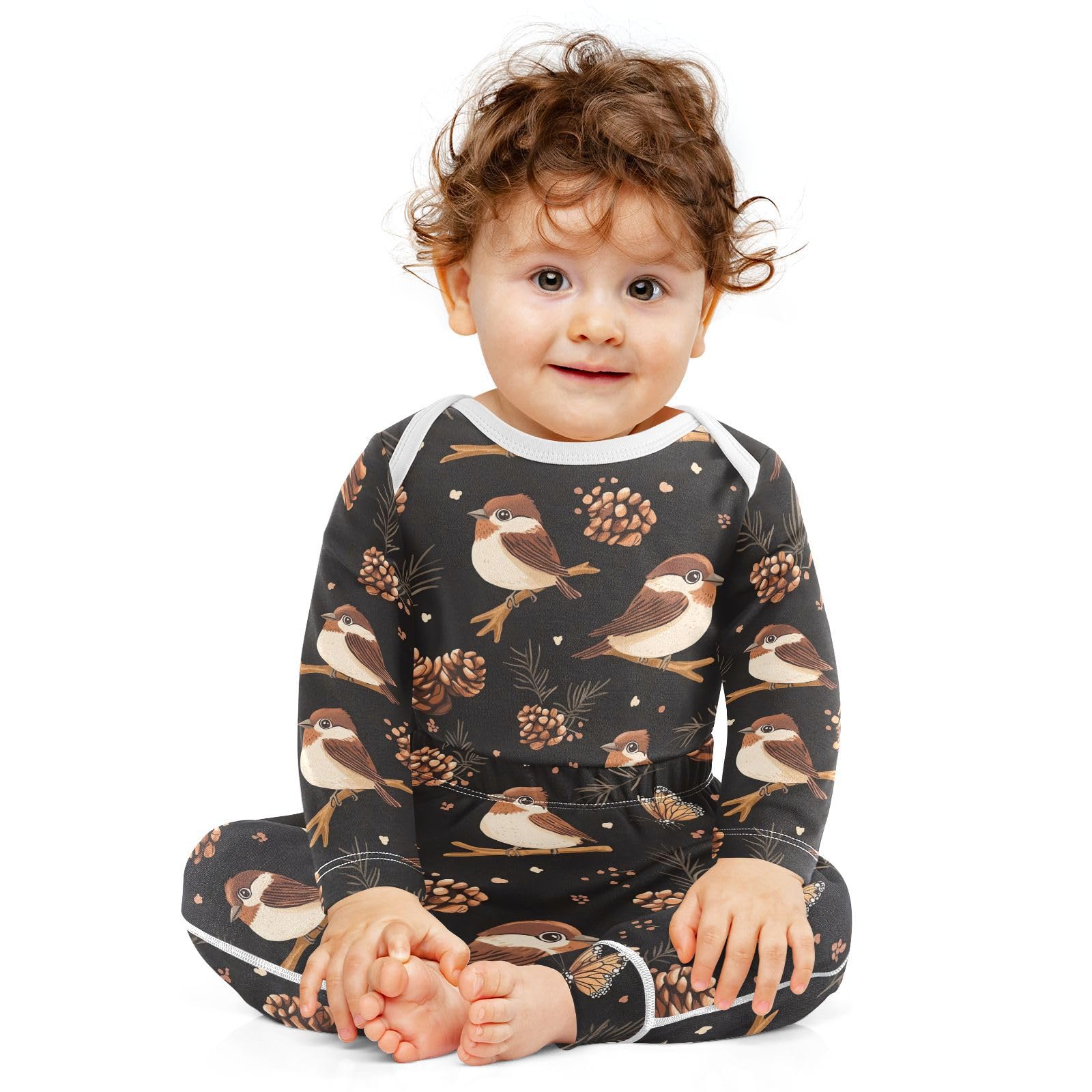 vvfelixl Baby Bodysuits Pants Sets Sparrows Birds Pine Cones Long Sleeve Baby Onesie Clothes for Boys Girls 3-6M