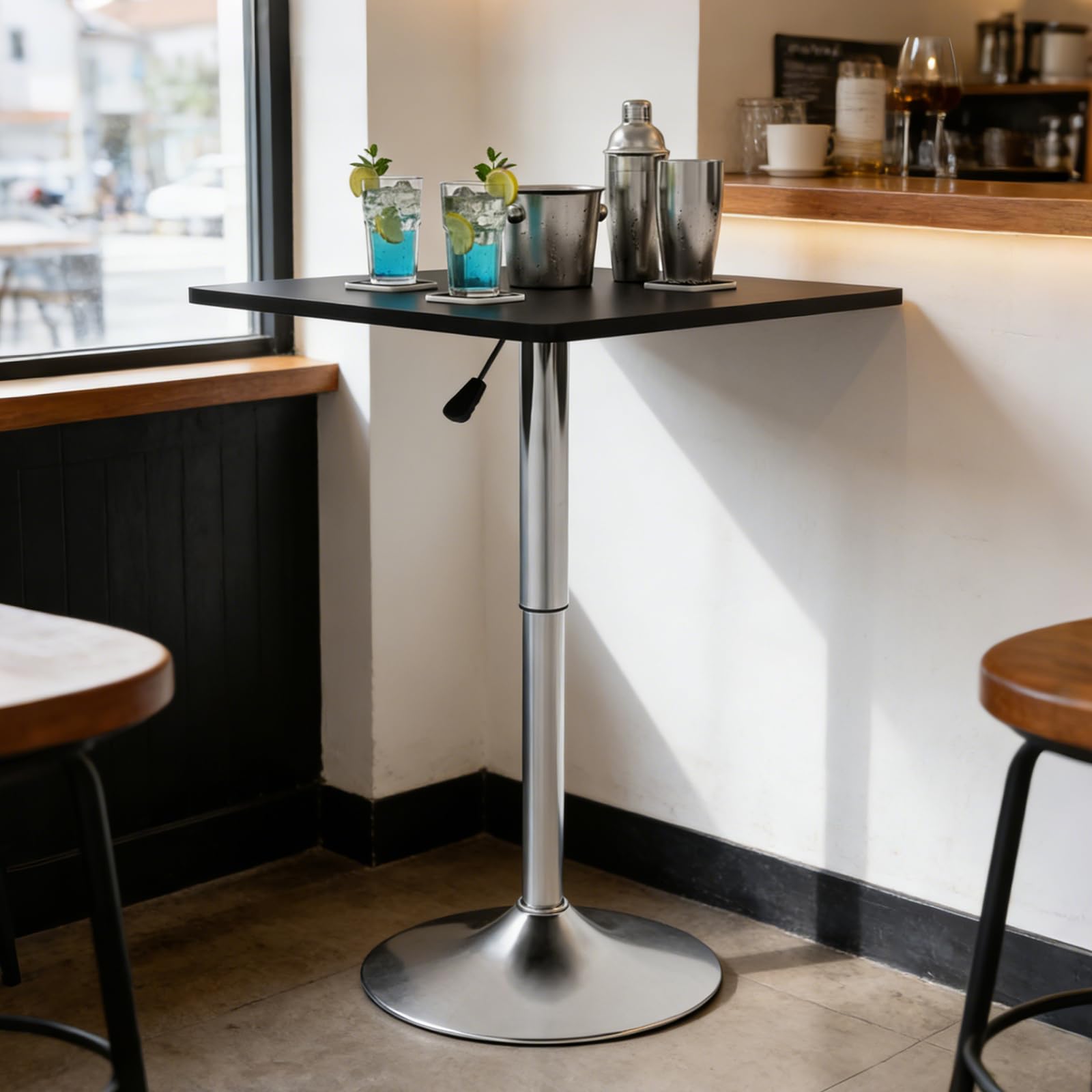 Bar Mesa alta, mesa de bar, mesa alta, cocina, mesa cuadrada, 60 x 60 cm, altura ajustable 67 – 91,5 cm, estructura sólida, pie de metal, para sala de estar, cocina, dormitorio, casa, mesa