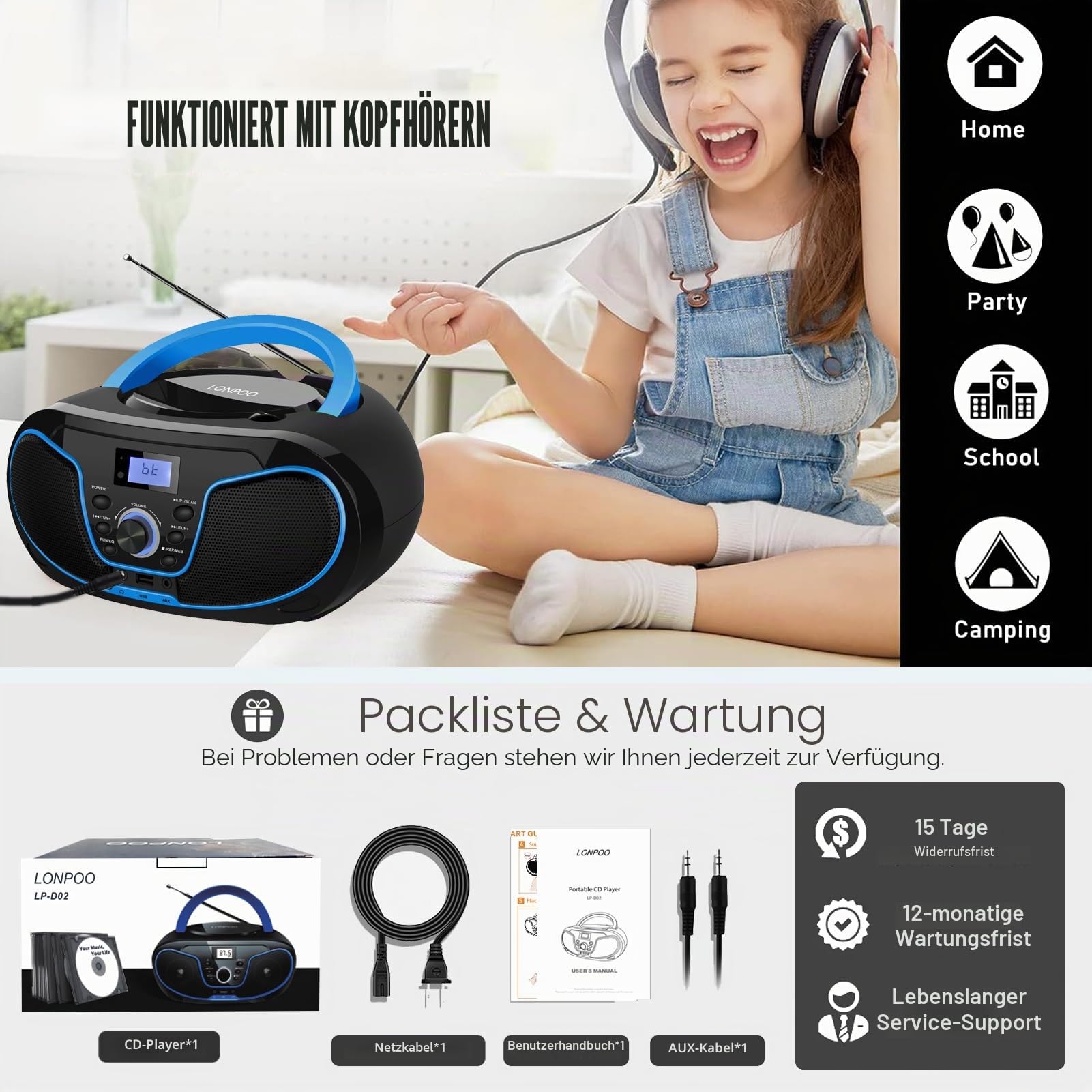 Tragbar CD Player Boombox Bluetooth - mit UKW Radio, USB Eingang & AUX & Kopfhörern Ports, Stereoanlage Music System (LP-D02)