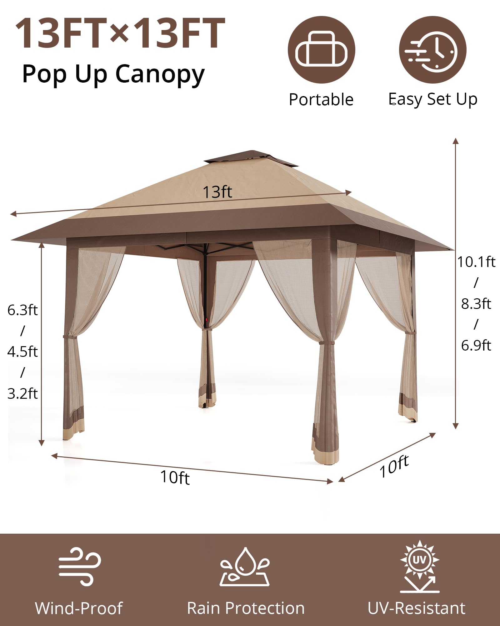 Gazebo Pop-Up 13x13 ft Esterno Con Doppio Tetto Ventilato e Zanzariera Integrata, Altezza Regolabile, Impermeabile e Protetto UV, Adatto Per Feste, Barbecue, Patio e Prato