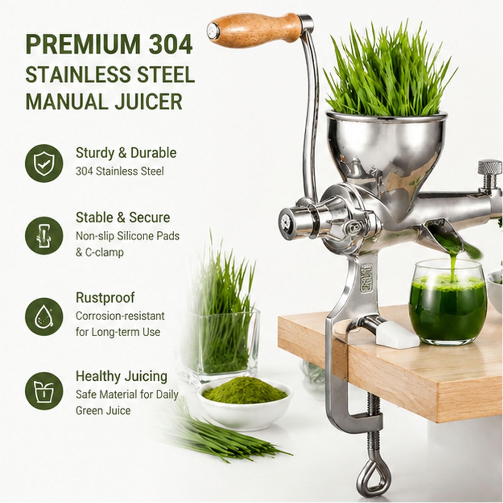Spremiagrumi Manuale per Erba di Grano, Acciaio Inossidabile 304 | Estrattore portatile di erba di grano manivella, mano manivella succo presse, per frutta, verdura, arancia, cavolo, sedano