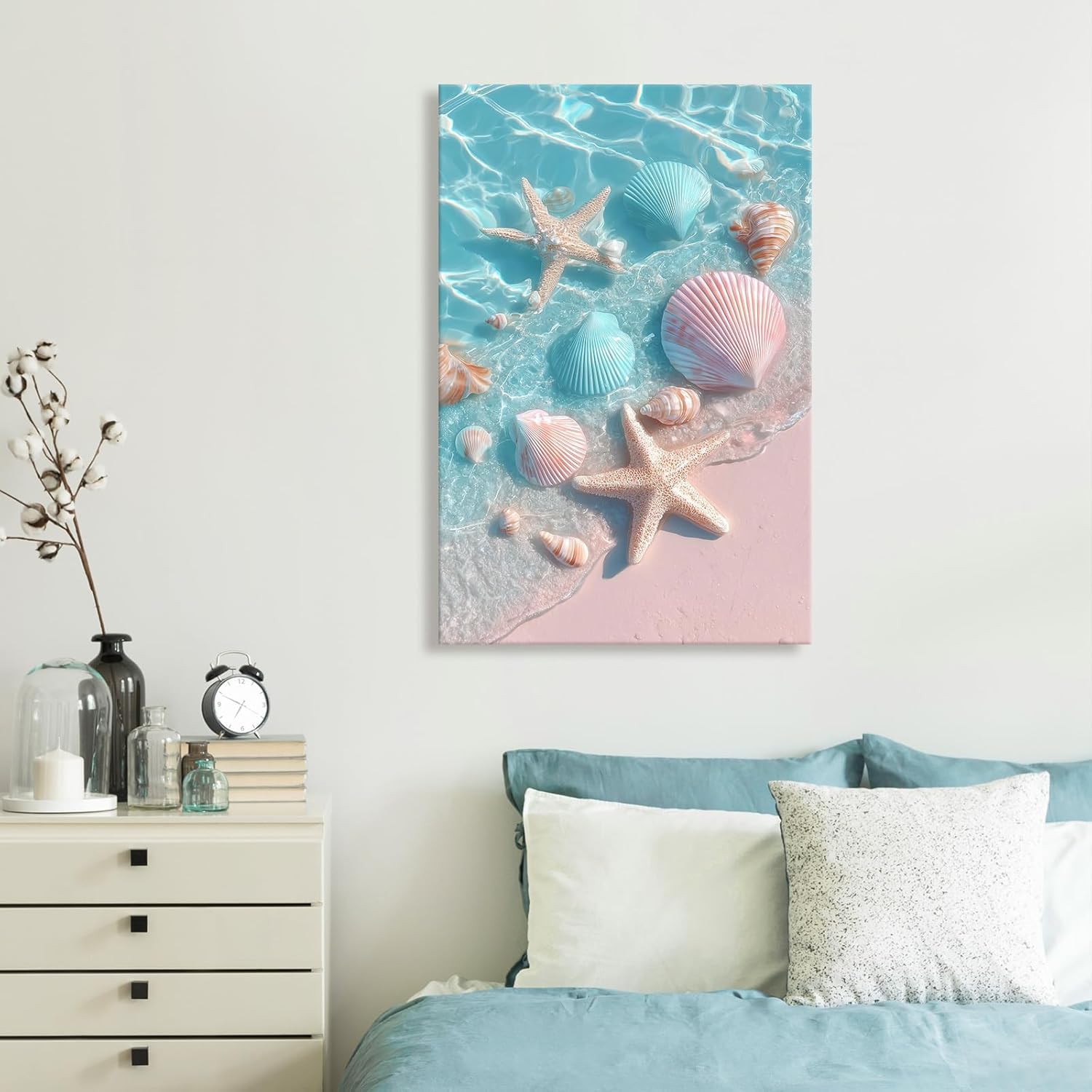 llribbons Bathroom Decor Sea Shells Starfish Canvas Wall Art Dreamy Coastal Seascape Painting Blue Ocean Pink 3D effect Prints for Bedroom Living Room Beach House Home Decor Ready to Hang 12" x 18"