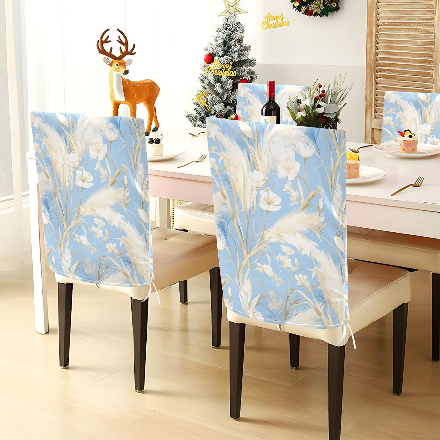 Golden Pampas Grass Light Blue Watercolor Painting Style Decorative Covers for Chairs for Wedding Banquets Removable Stool Covers Cover para sillas de comedor 6 piezas Set of 6