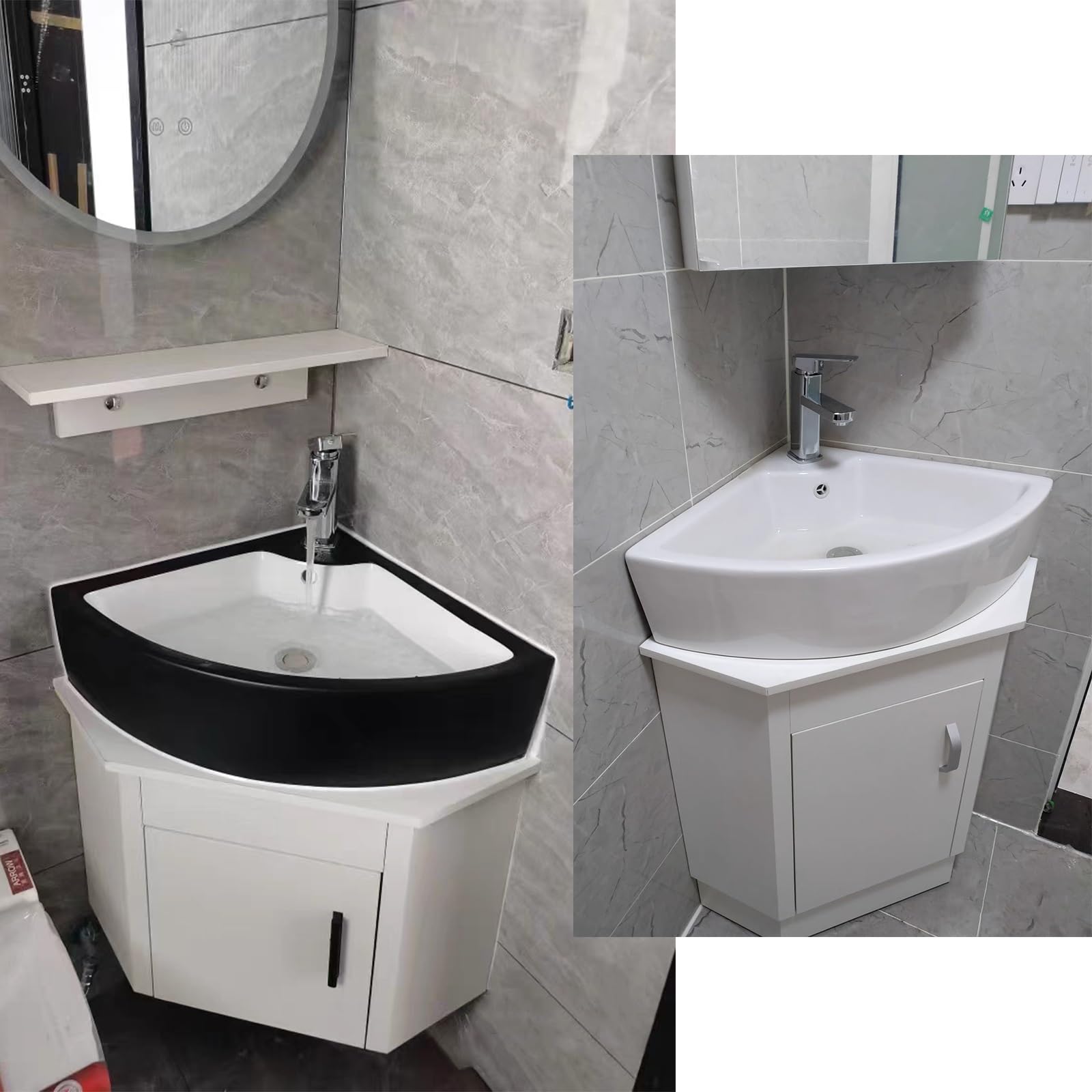 Nowoczesny czarny narożny zestaw łazienkowy z szafką do montażu na ścianie ceramiczna umywalka zlew chromowany kran i wyskakujący odpływ w kształcie litery U 48 x 48 cm, czarny - 48 x 48 cm
