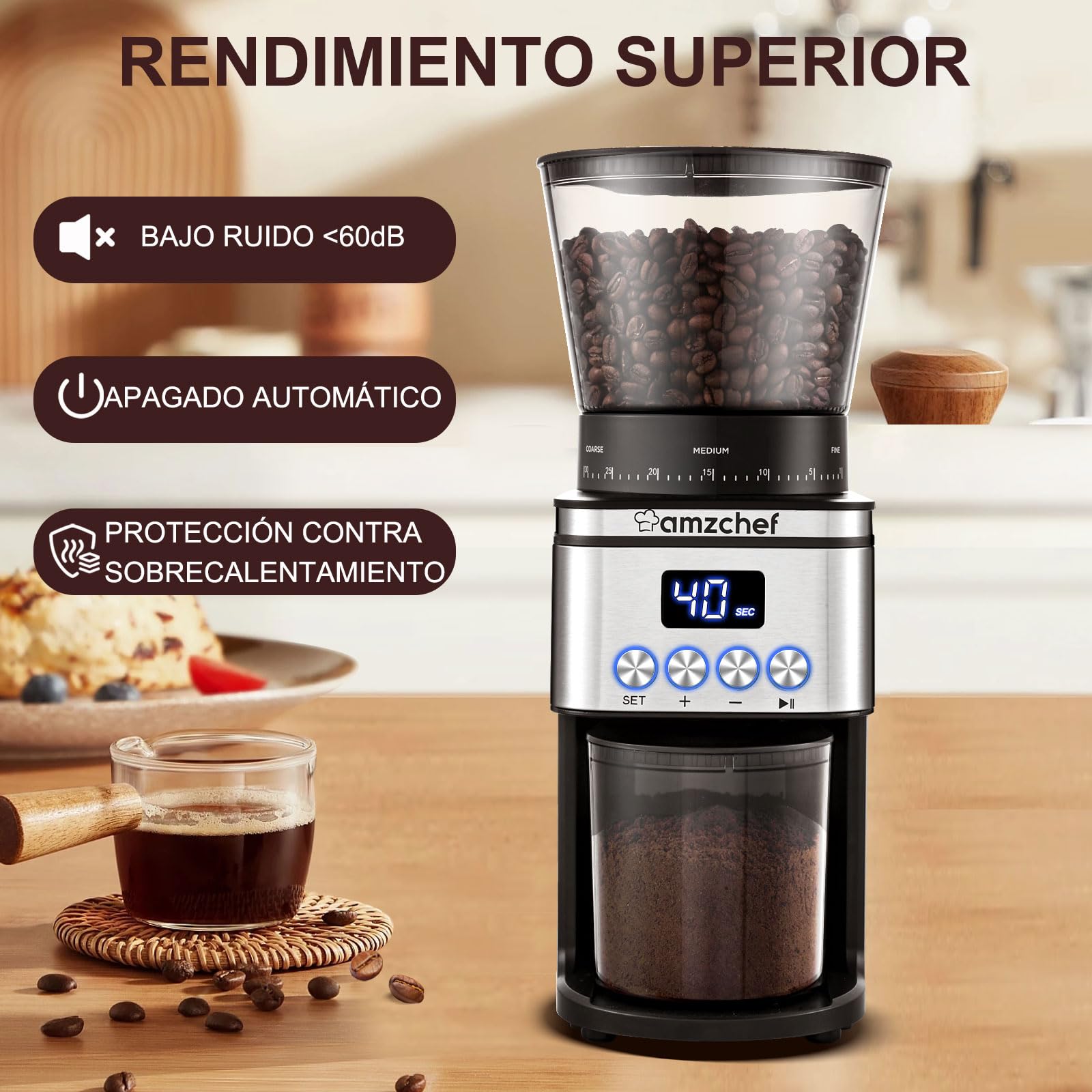 AMZCHEF Molinillo Cafe Electrico 160W | 30 Ajustes de Molido Grueso a Fino | 1-12 Tazas o Hasta 40 Segundos | Molinillo Café de Fresas | Capacidad de 300 g | Pantalla LCD y Temporizador Digital