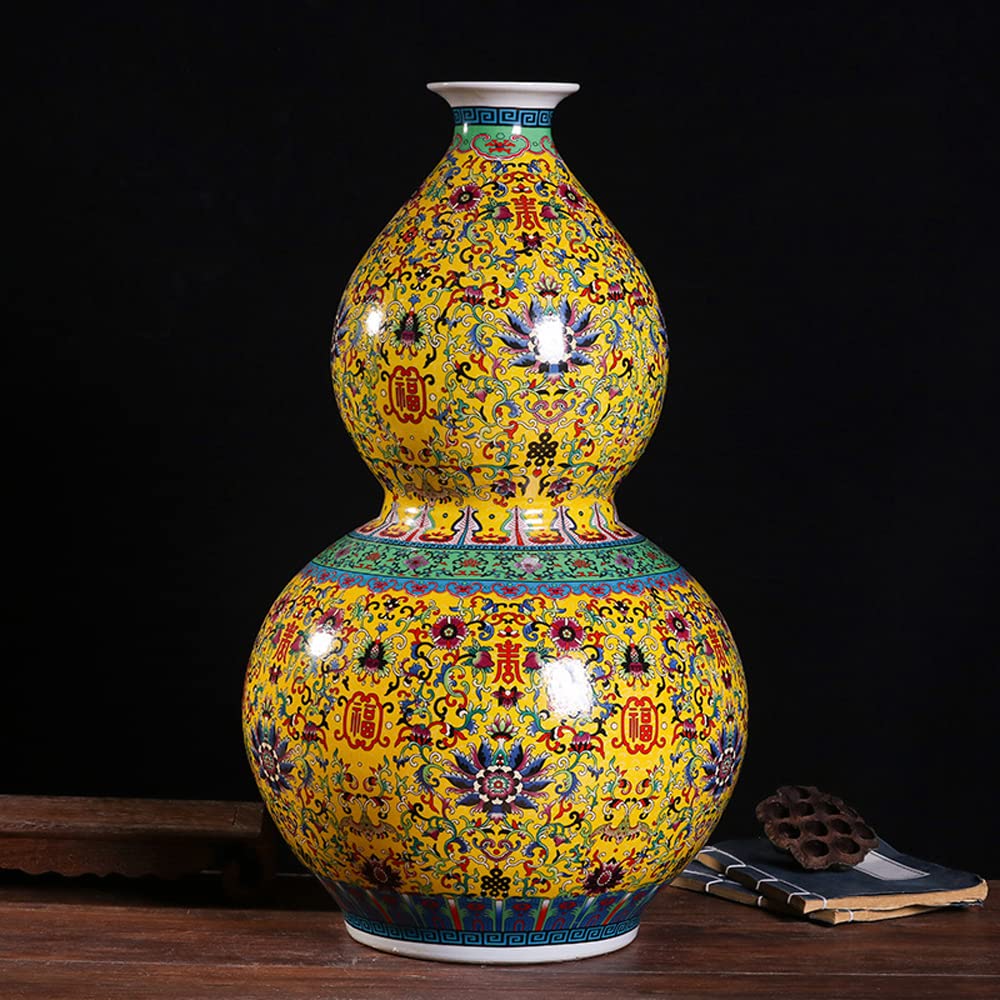asdchZen Large Ceramics Porcelain Vase,Handmade Bottle Gourd Ceramic Vase, Chinoiserie Decorative Vase,22.8In,A