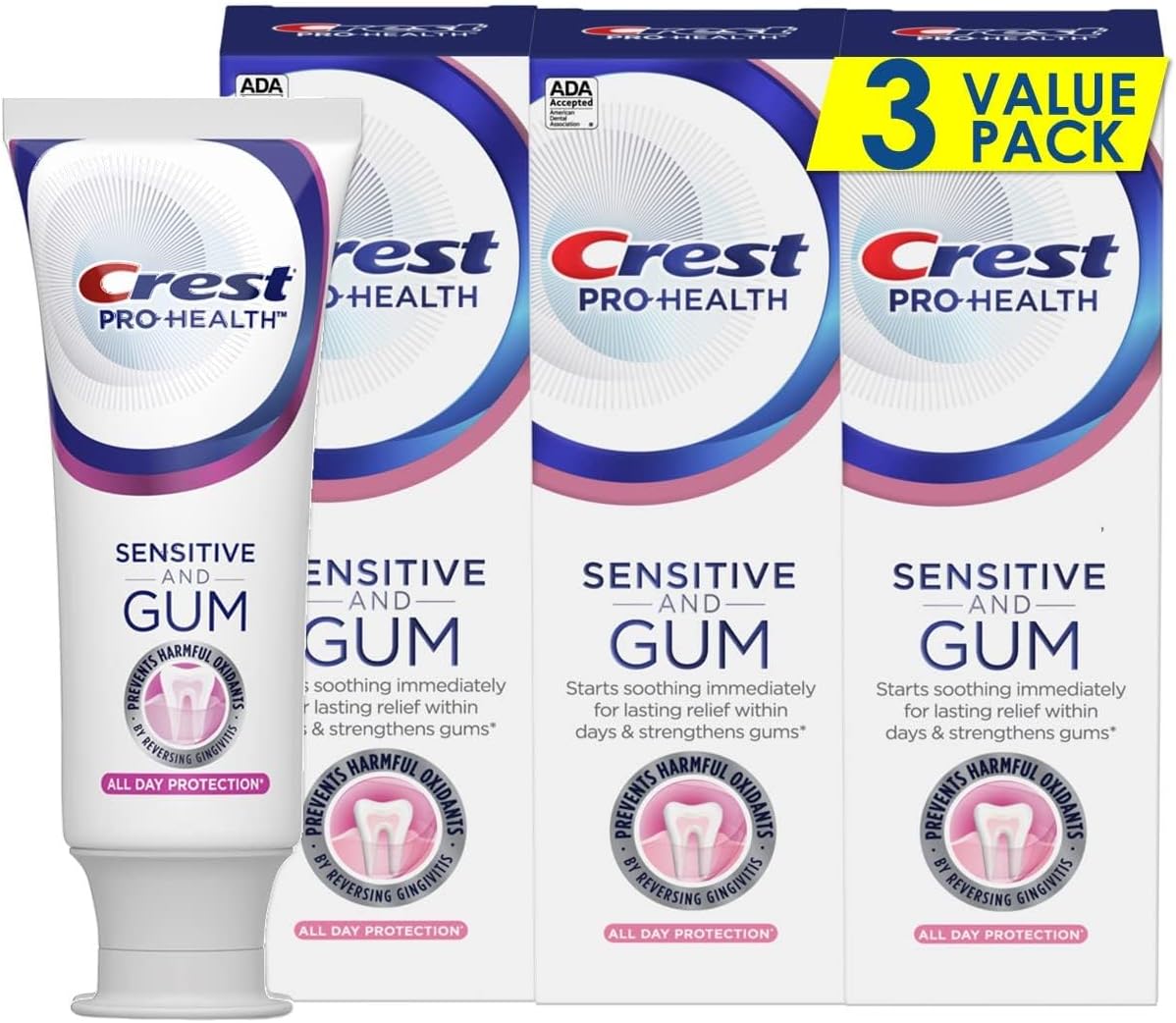 Crest Pro-Health Gum and Sensitivity, Sensitive Toothpaste, All Day Protection, 3.7 oz, Pack of 3