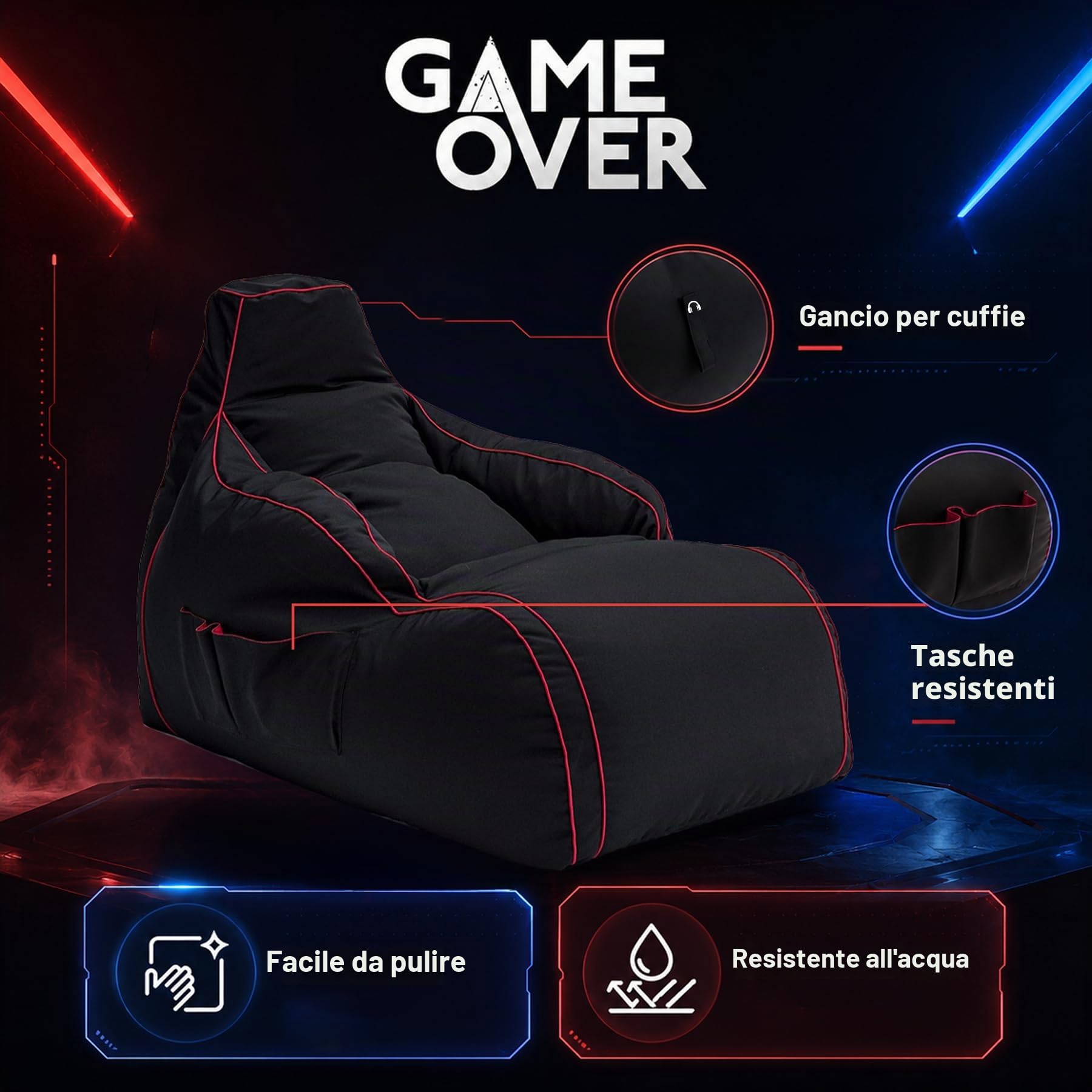 Game Over Bean Bag Chaise Longue per Video Gaming | Puff Poltrona Sacco | Per Soggiorno e Interni | Tasche Laterali per Controller | Supporto per Cuffie | Design Ergonomico (Cremisi elettrico)