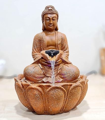 Sankalan Creations Lotus Buddha Water Fountain for Home | Office | Water Fountain with Led Lights for Home Decor and Office Decoration Or Gifting (Brown