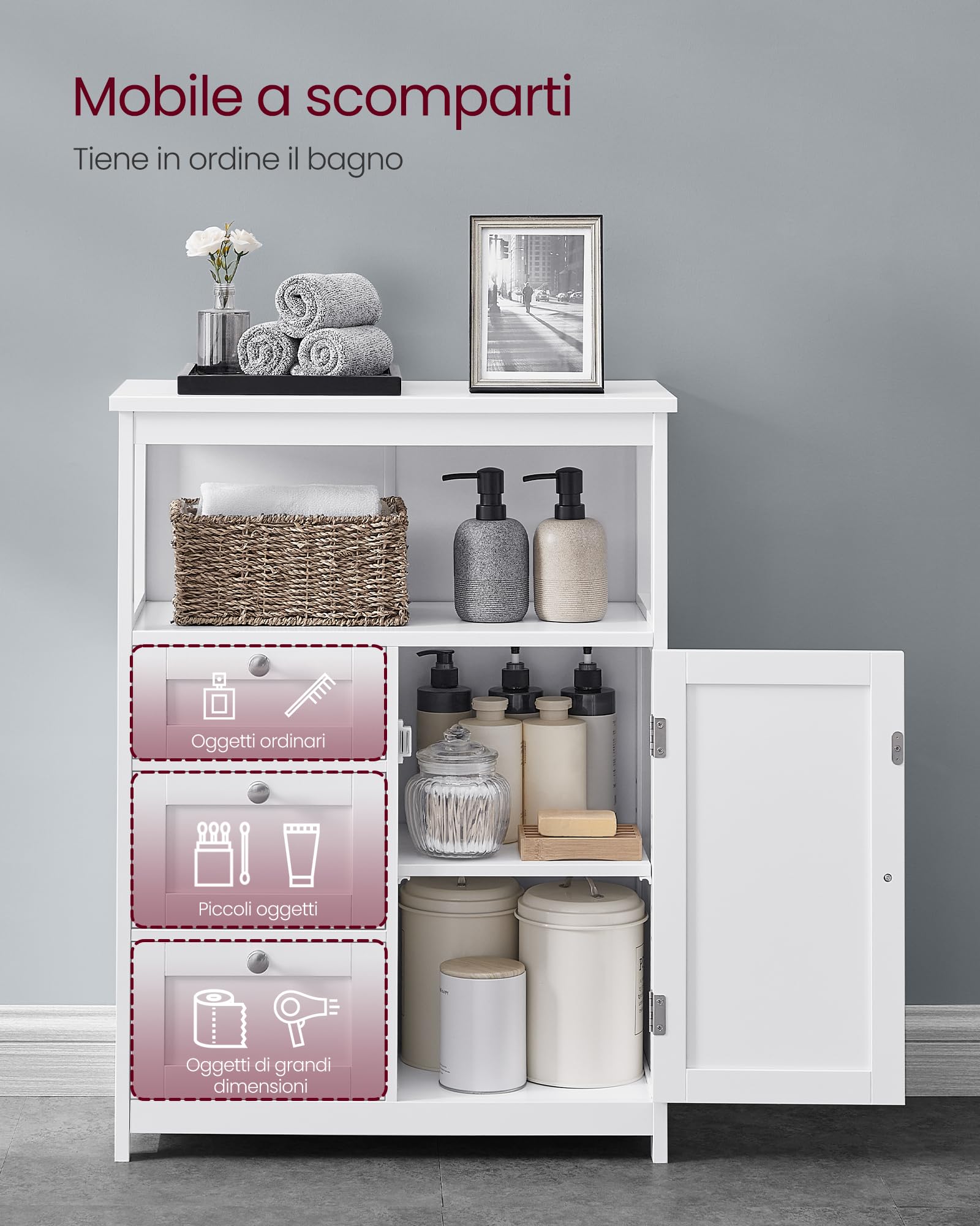 VASAGLE Mobile da Bagno, Armadio da Bagno, Armadietto Autoportante, con 3 Cassetti, Ripiani Regolabili, 30 x 60 x 80 cm, Bianco BBC542P31V1
