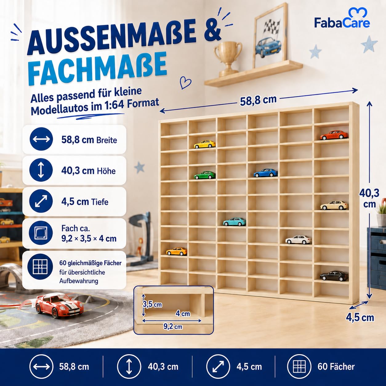 FabaCare Modellauto Regal aus Holz Setzkasten mit 60 Fächern zur Aufbewahrung von Spielzeugautos | Wand- oder Standregal für das Kinderzimmer & Sammler