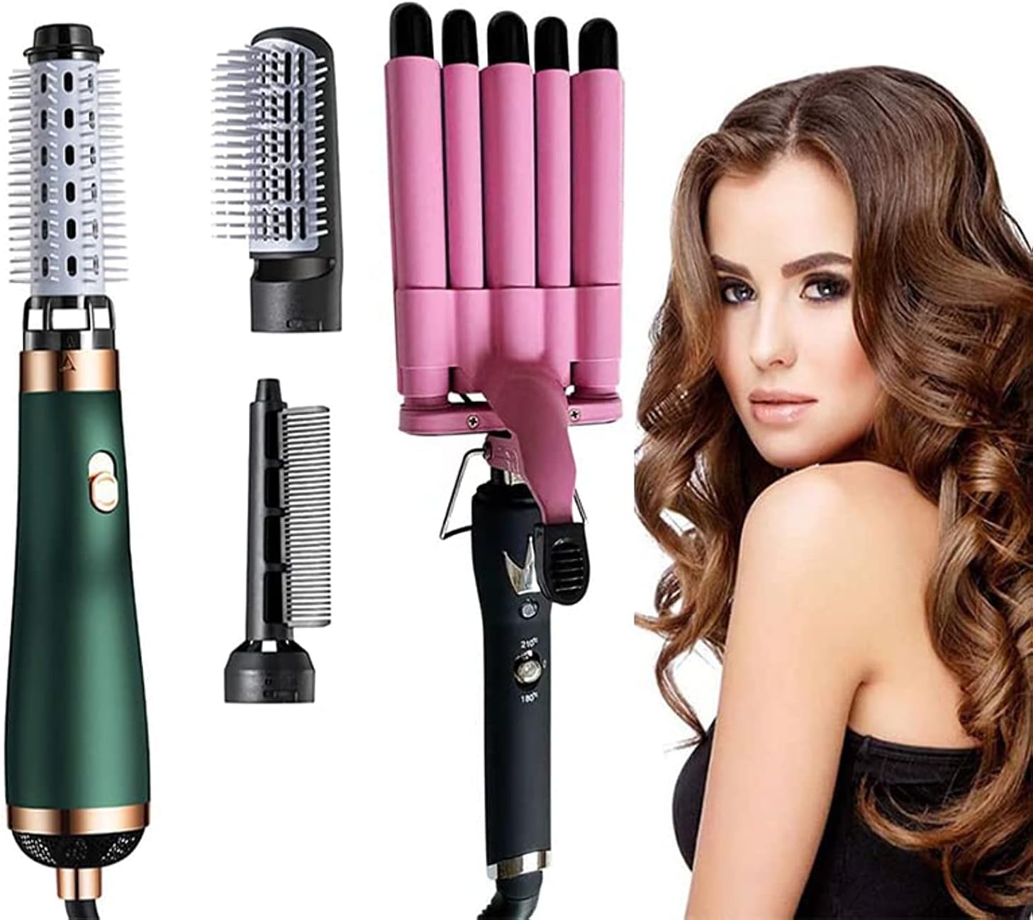 SKYISOK 2PCS Ceramic Hair Curler Irons Hair Wave Waver Hair Styler Wand 3 In 1 Hair Dryer Brush One Step Hair Dryer Brush (green)