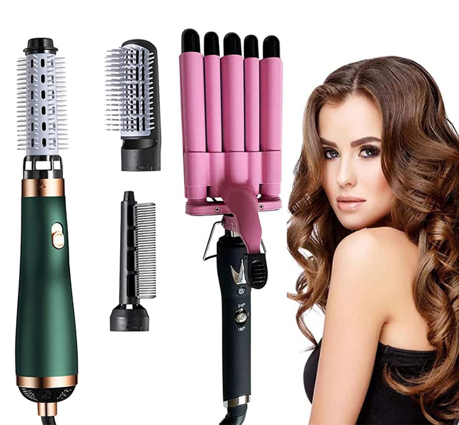 SKYISOK 2PCS Ceramic Hair Curler Irons Hair Wave Waver Hair Styler Wand 3 In 1 Hair Dryer Brush One Step Hair Dryer Brush (green)