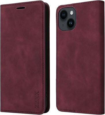 ZZXX iPhone 14 Case Wallet with [RFID Blocking] Card Slot Photo Fram Kickstand Magnetic Soft Leather Flip Fold Case for iPhone 14 Wallet Case(Wine Red-6.1 inch)