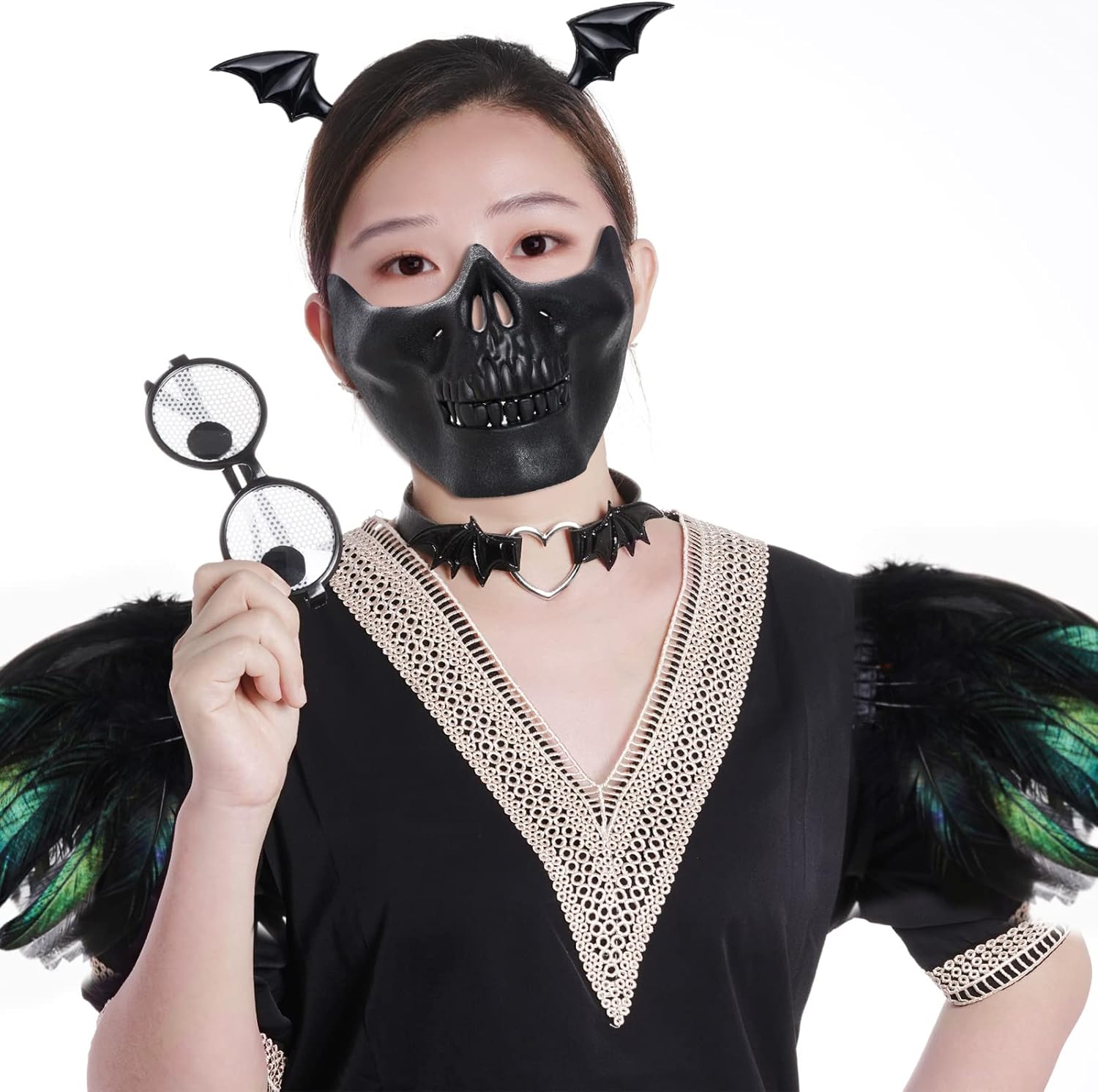 Miniatura 6 de Yookat 4 piezas de máscara de Halloween para máscaras, máscara de esqueleto de media cara, máscaras de calavera para Halloween, fiesta de máscaras