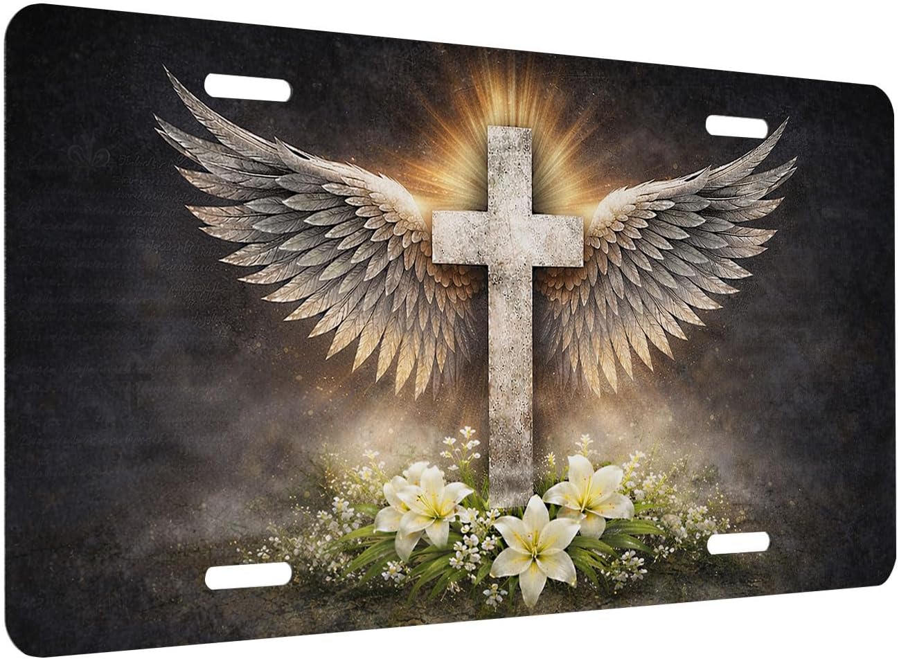 Christian Cross Front License Plate for Women Angel Wings Lily Memorial Faith Car Vanity Plates Decorative Aluminum Metal Cute Novelty License Plate for Men 6x12 Inch (4 Holes) image 2