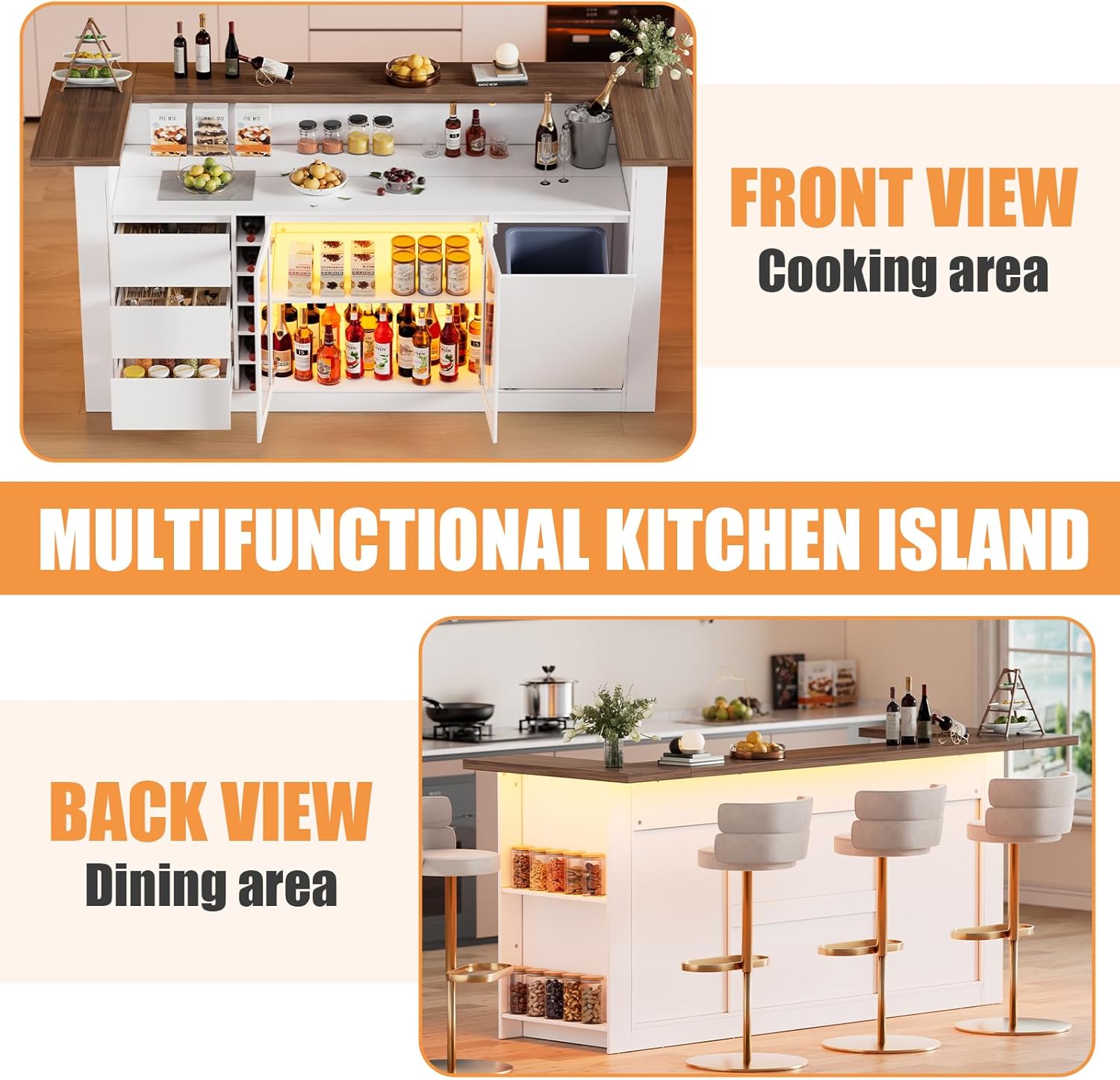 86.6" Large Kitchen Island with Trash Can,Stationary Storage Island with Lights,Counter Height Kitchen Island Table with 3 Drawers and 2 Shelves,Wood Island Table with Large Countertop for Dining Room