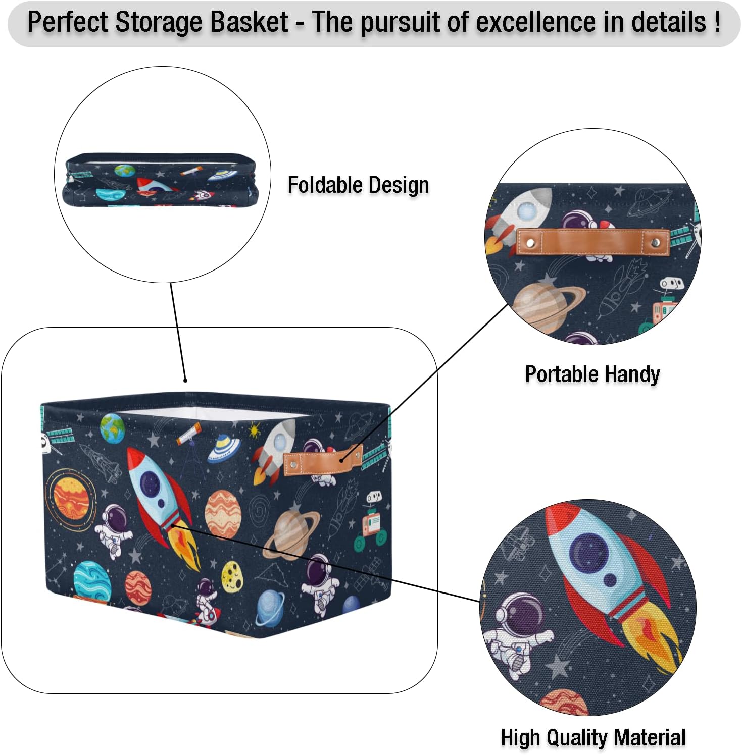 Space Storage Basket with Leather Handles, Rocket & Astronaut Decorative Storage Bin for Kids Room, Nursery, Playroom, Foldable Cloth Organizer for Toys, Books, Boys Room Space Themed Decor