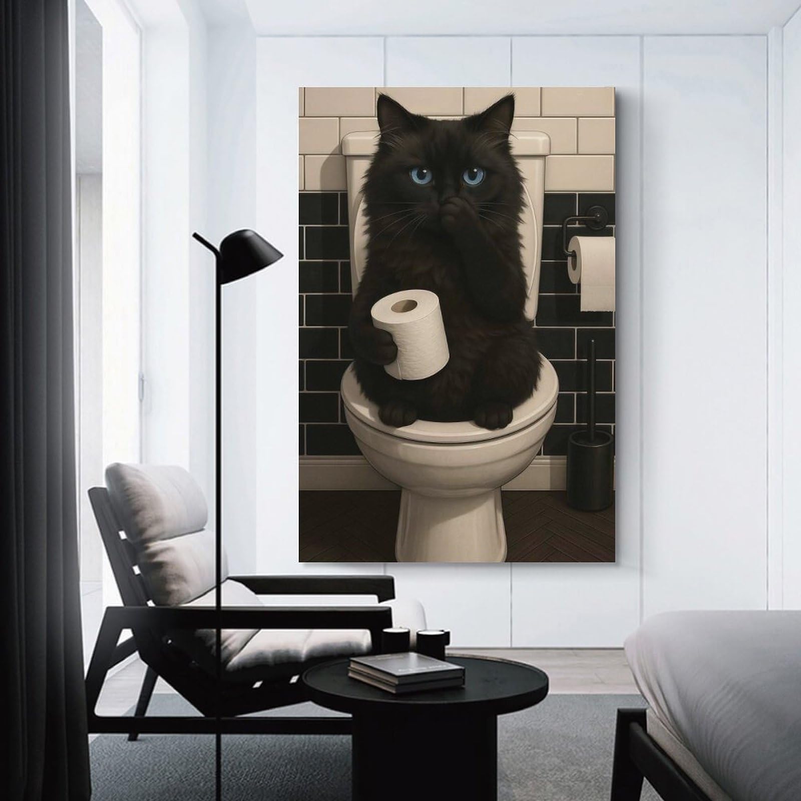 Junmoney Unframe-Style-21 Decorative Wall Artwork Black Cat On Toilet With Toilet Paper, 12X18inch(30X45cm), For New Homes, Bedrooms Or Workspaces, Canvas Artwork With Gifting Potential