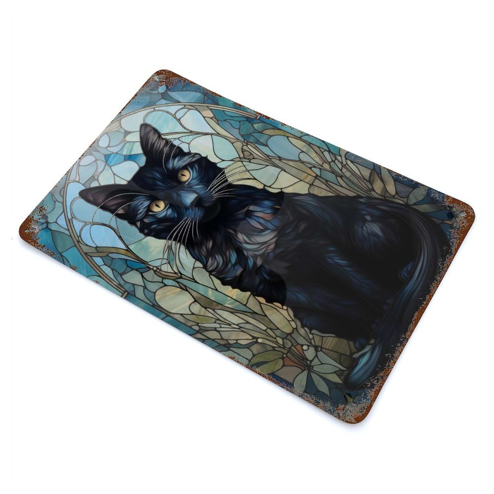 Vintage Rust Metal Sign with Black Cat Kintsugi Art Design 11.8"x7.9", for Garage, Bar And Workshop Decor, Retro Wall Decor
