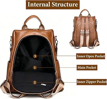 Backpack Womens Anti Theft Travel Rucksack, Leather Waterproof Durable Travel Lightweight Backpack for Women, Multipurpose Convertible Shoulder Bag Handbag Backpack, BrownA