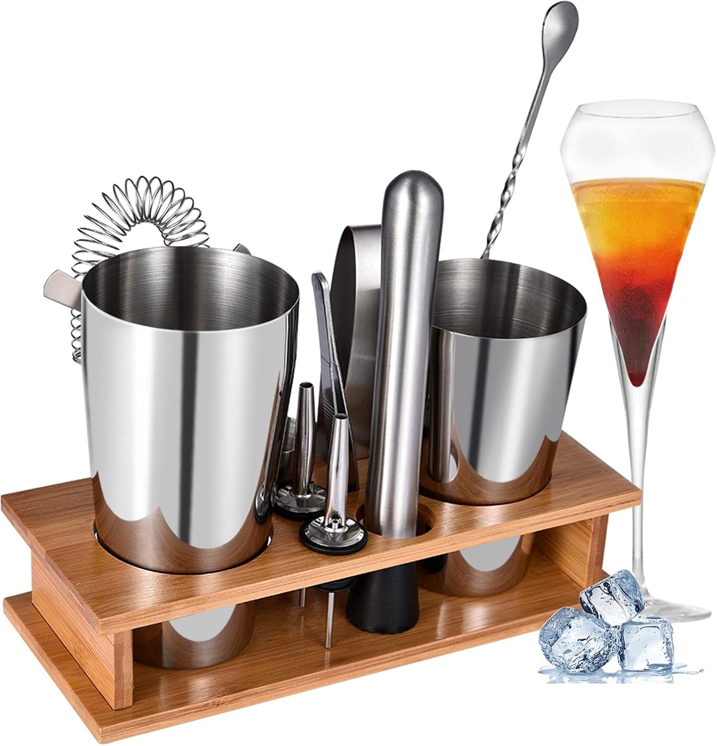 Kit de Bartender Coctelera 11 Piezas con Soporte de Madera