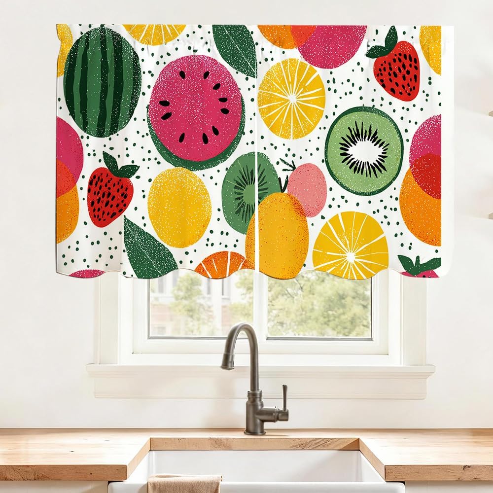 2D Flat Decorative Cabinet Curtain Panel Fruit Design Cabinet Curtains 55x31 inch Kitchen Cabinet Curtains for Under Sink Pantry Shelf Area Soft Fabric Colorful Fruit Pattern for Home Decor