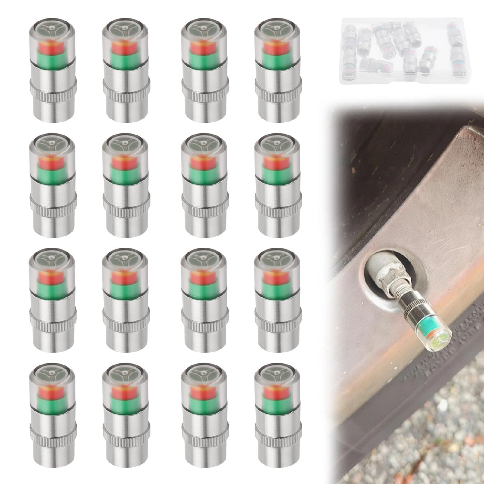 12 PCS Tire Pressure Monitor Valve Stem Caps with Box, 2.4Bar 36PSI, 3-Color Eye Alert Sensor Indicator, Universal Fit for Car SUV Truck Motorcycle Bicycle