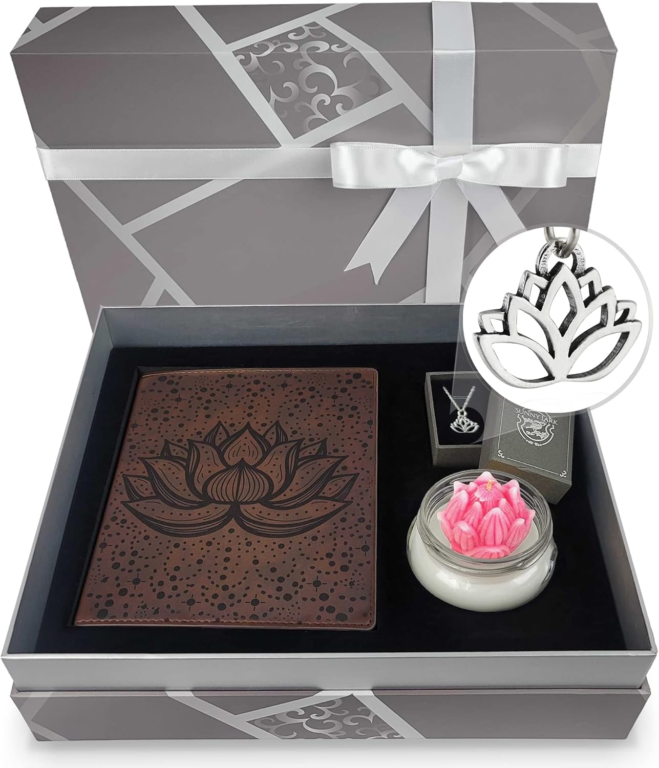 Flower Gift Box, Leather Journal, Aromatherapy Candle, Sterling Silver Necklace | Birthday Gifts for Women | Candle Gift Set for Women | Journal Gift Set for Women
