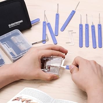Lock Pick Set, Eventronic 17-Piece Lock Picking Tools with 2 Clear Practice and Training Locks for Lockpicking, Extractor Tool for Beginner and Pro Locksmiths