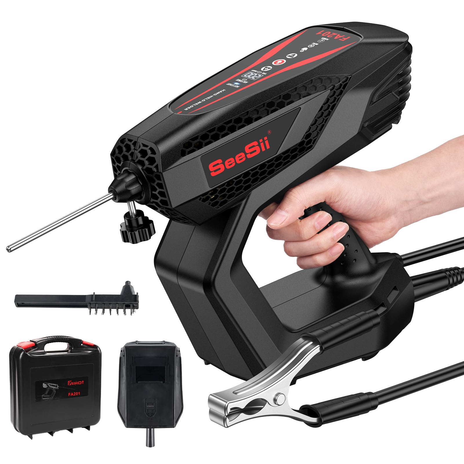 Handheld Welding Machine, Seesii 220V Handheld ARC Welder Gun Kit w/Protected Handles IGBT LCD Digital Display,VRD Function Hot Start Portable Stick Welder Fits for 3/32''-1/8'' All Size Welding Rods