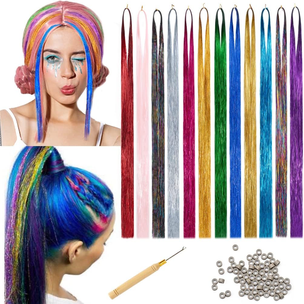 Hair Tinsel Strands Kit Colorful Long Straight Rainbow Hair Glitter