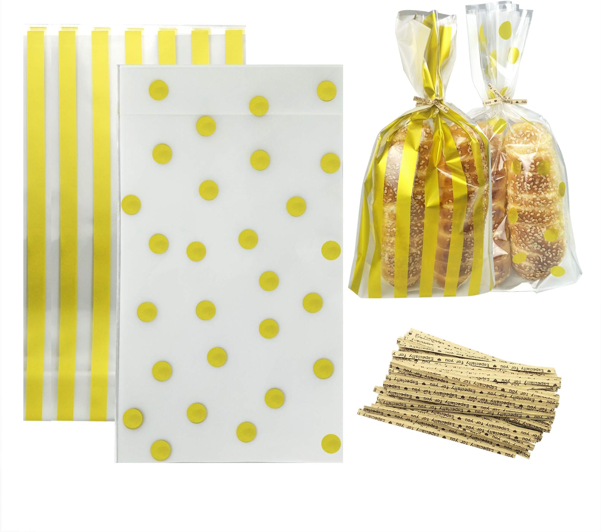 100 Pack Gold Polka Dot and Gold Striped Candy Bags 9.84 x 6 x 2.36 inch Clear Plastic Treat Bags for Cookie Candy Snack Wrapping Party Favor