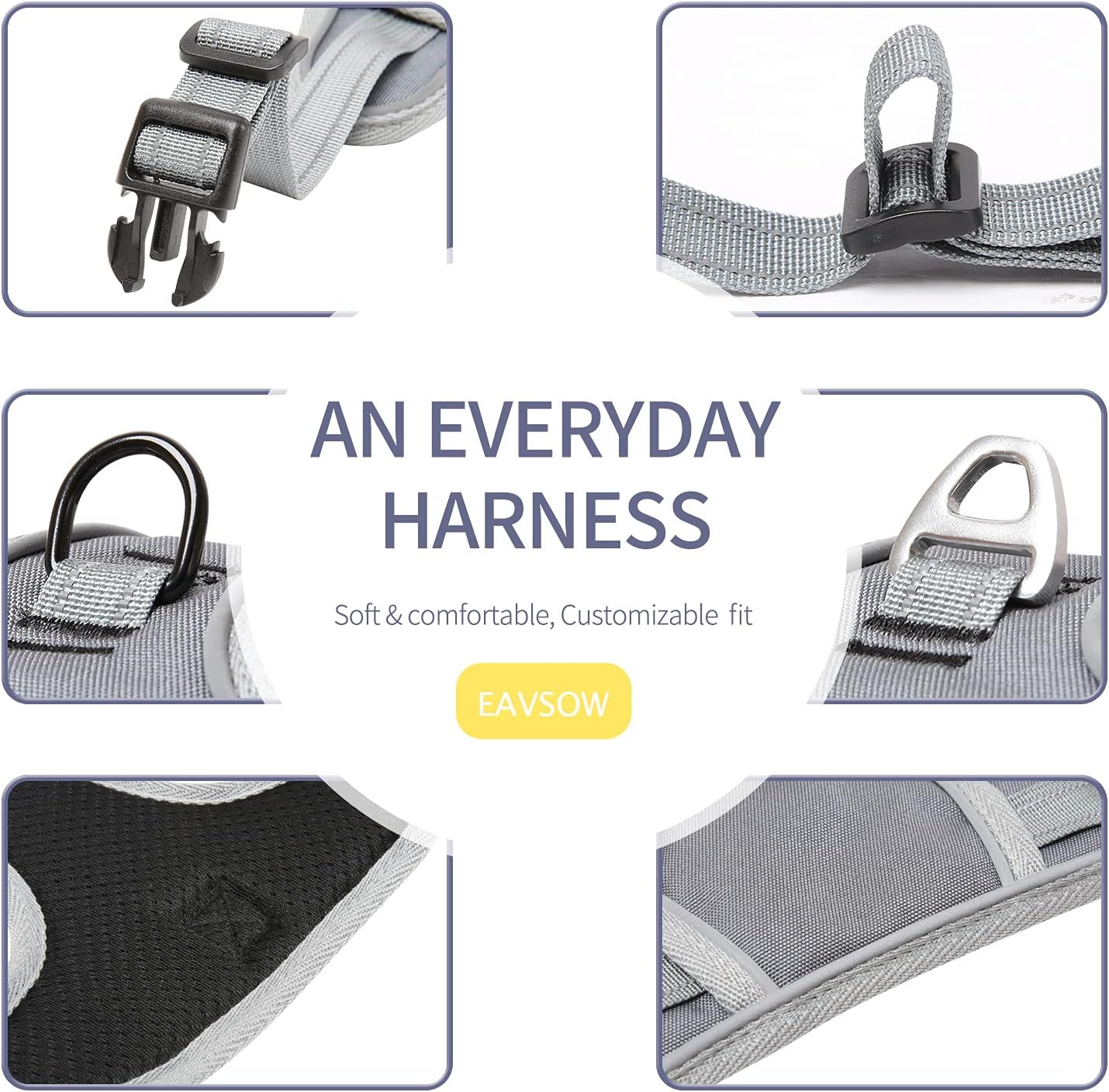 EAVSOW Dog Harness, No Pull Pet Harness with Front & Back 2 Leash Attachments, Adjustable Reflective Dog Vest for Outdoor Walking Training Control (S,Grey)