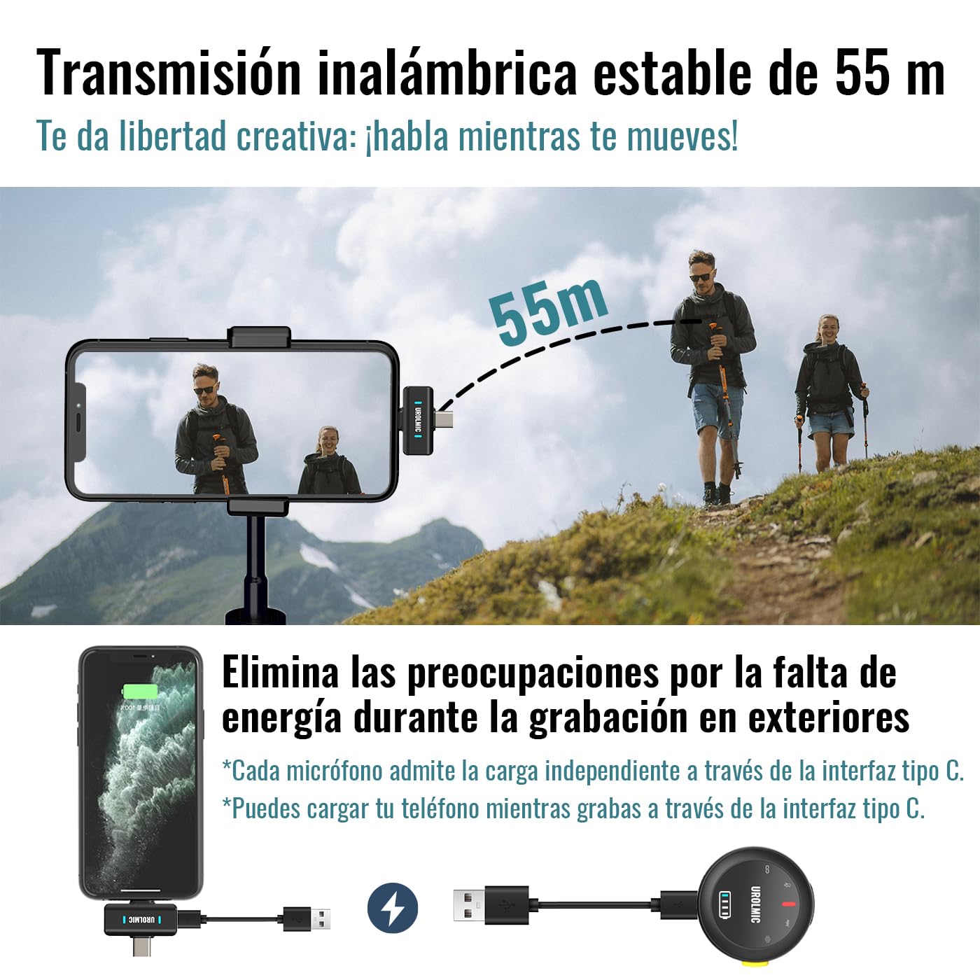 Micrófono Inalámbrico 2 en 1 para iPhone y Android, 40h Batería, 55m Alcance, Cancelación de Ruido, Micrófono de Solapa con Imán para Grabación