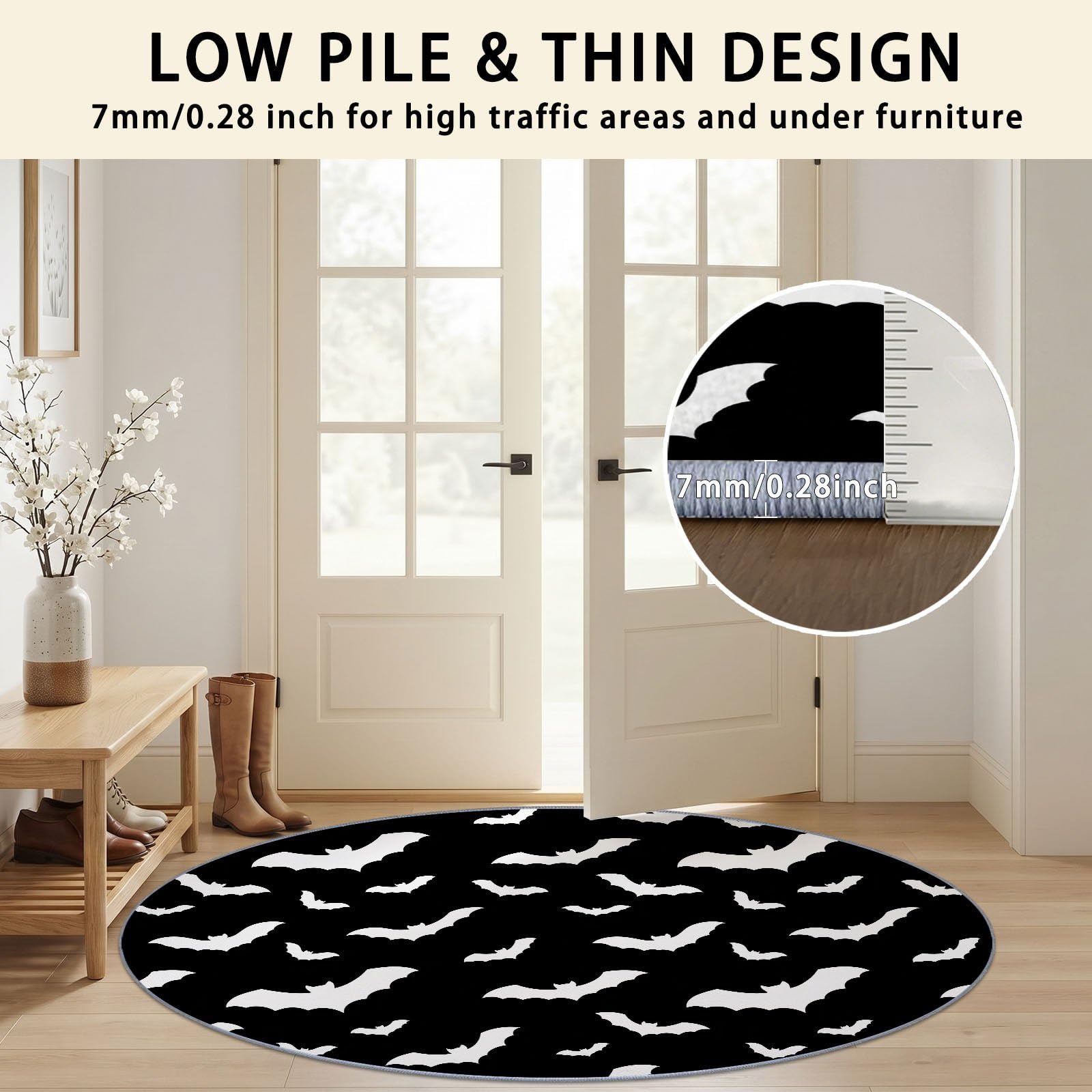 Tapis Rond Halloween Gothique 200 cm, Chauves-Souris Silhouette Animaux Lavable en Machine pour Salon, Noir Antidérapant, Poil Court Tapis Rond Imprimé pour Chambre d’Enfant Nurserie