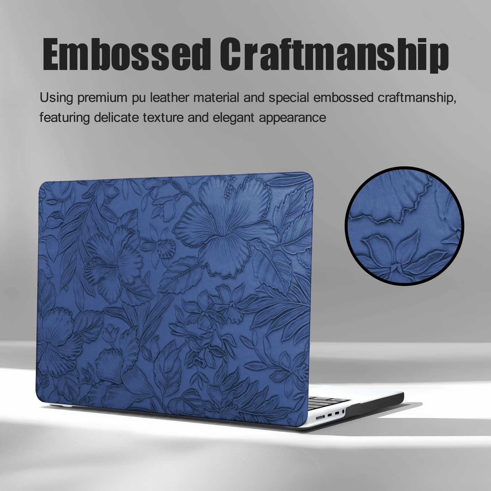 Étui découpé avec logo floral pour MacBook Neo 33 cm 2026 A3404 A18 Pro Chip | Coque rigide élégante texturée en cuir synthétique pour MacBook Neo 2026 avec housse de clavier, bleu