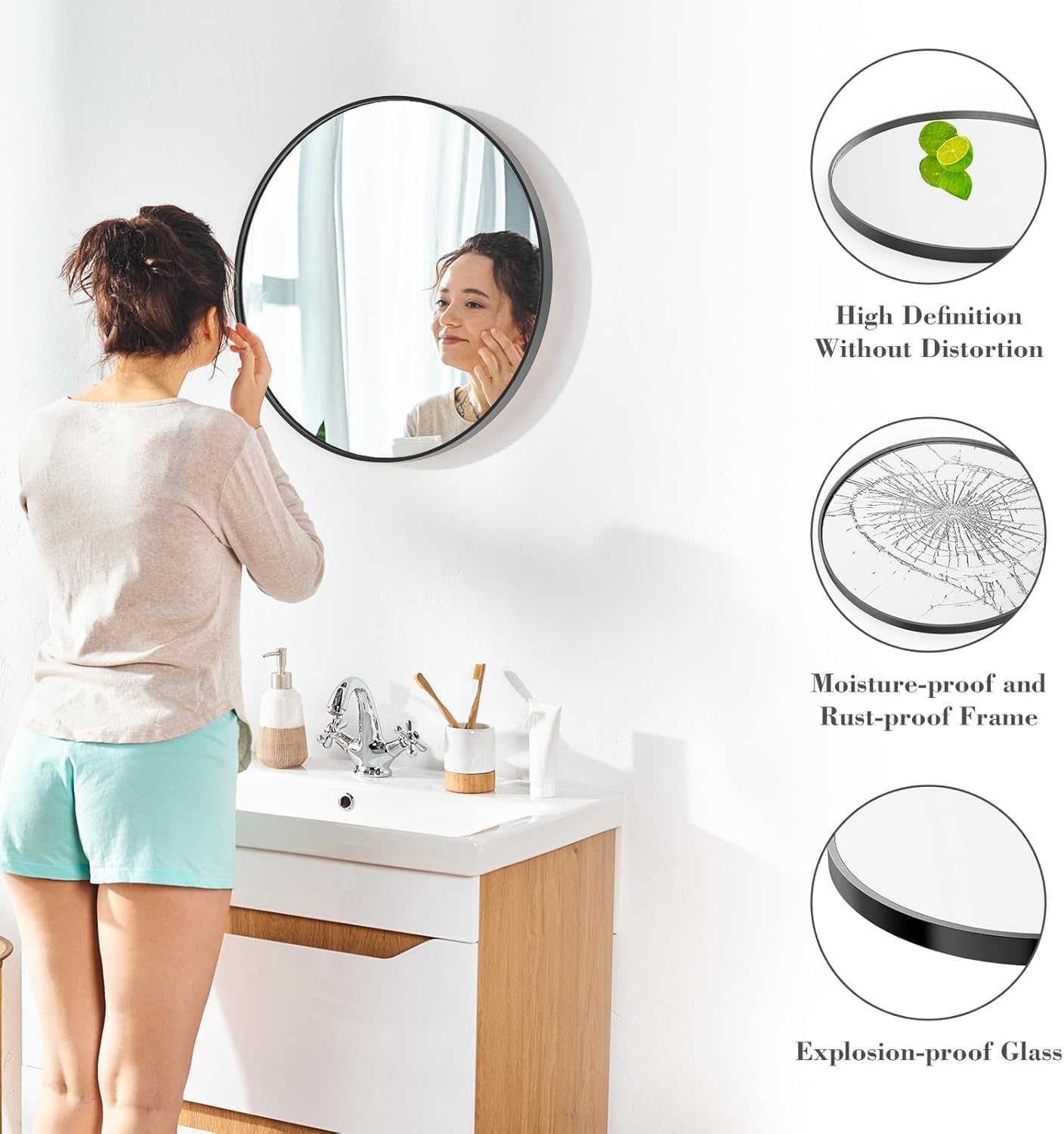 30 Inch Round Mirror, Aluminum Alloy Frame Wall Mounted Vanity Mirrors for Bathroom, Entryway, Living Room, Bedroom, Black