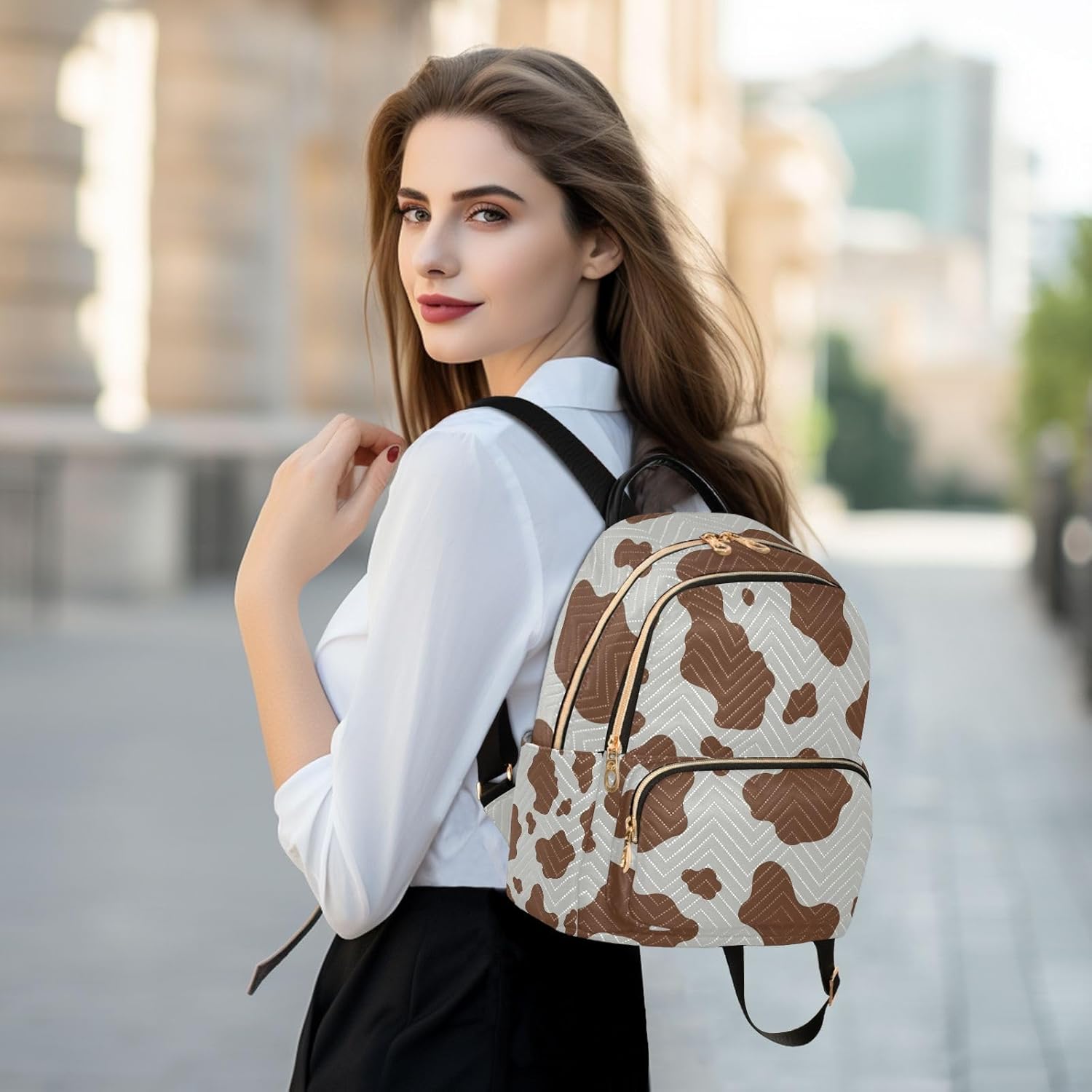 Brown Cow Print Animal Mini Backpack Purse for Women Fashion Daypack Lightweight Travel Bag - Image 6