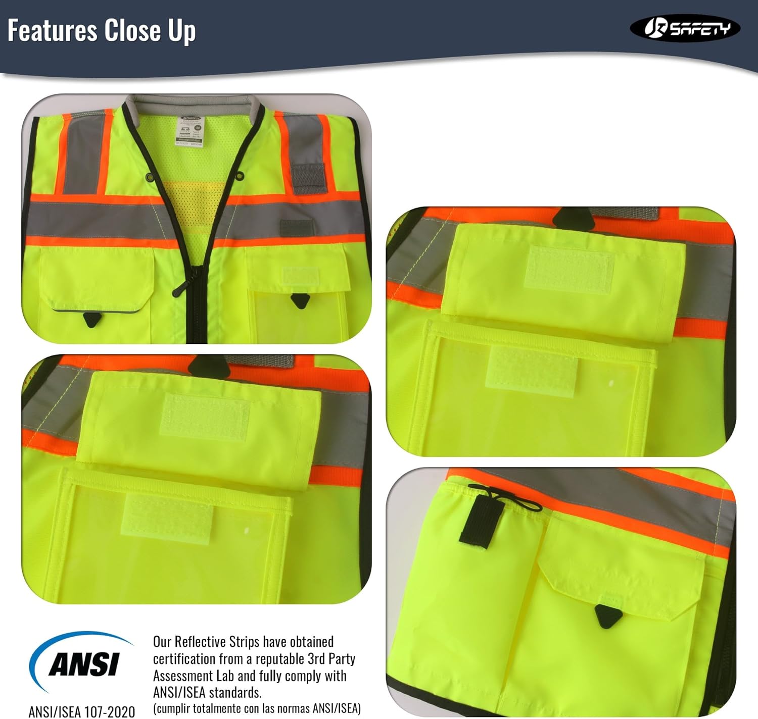 JKSafety Hi-Vis Unisex Surveyor Safety Vest Heavy Duty PPE Inner Pockets ANSI/ISEA Compliant - Image 2