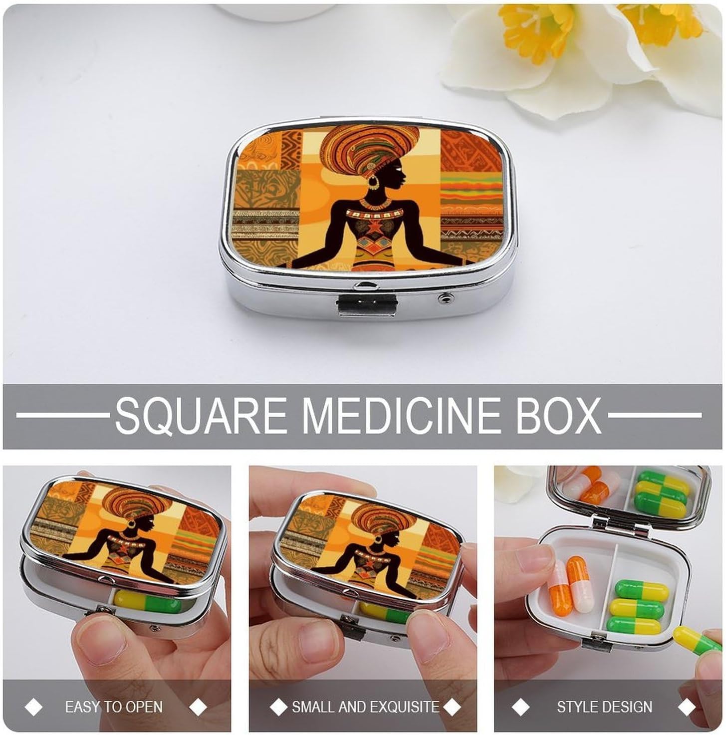 African Woman Square Pill Case, Metal Pill Organizer image 4