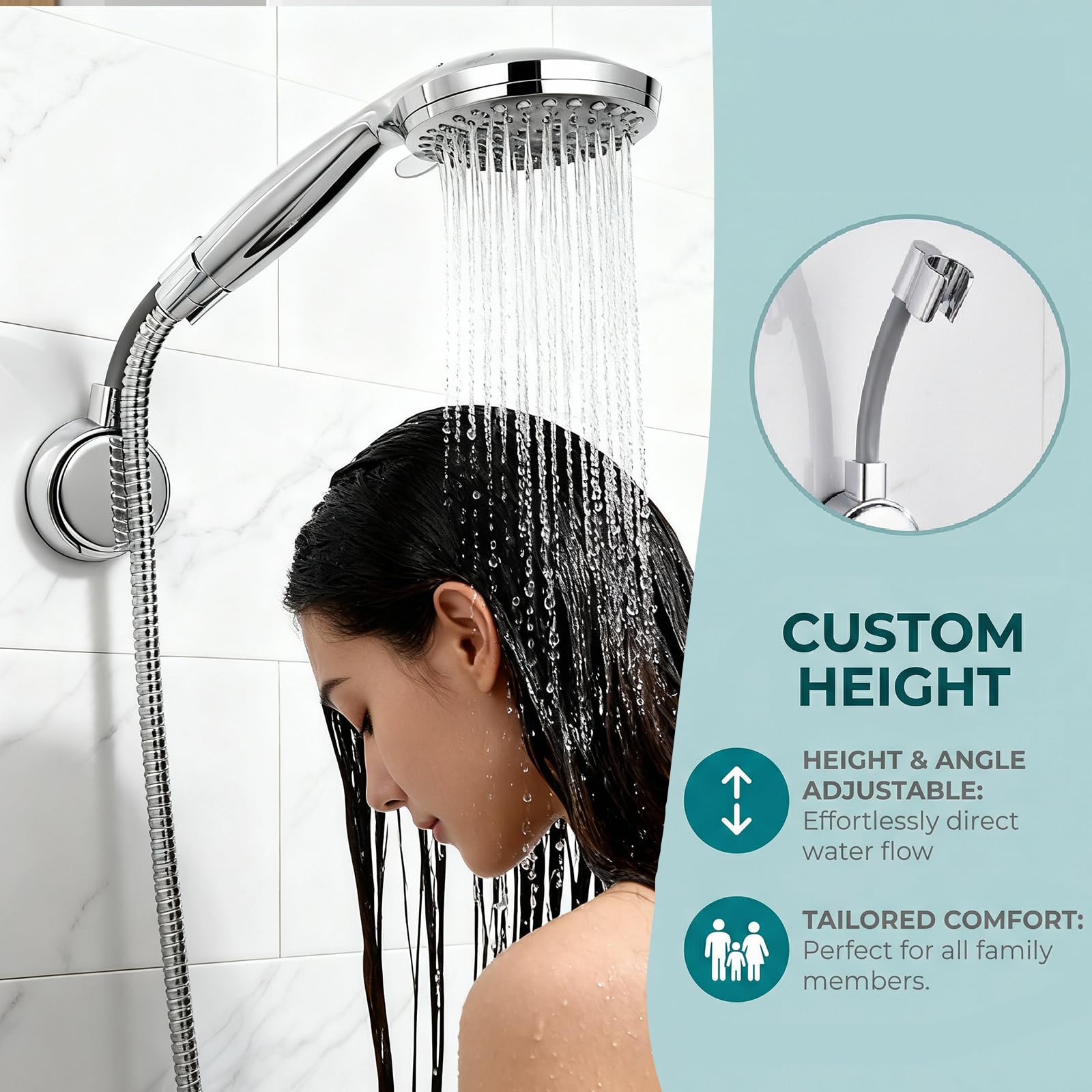 Soporte Alcachofa Ducha, Universal Soporte para Ducha Adhesivo, Ventosa Fuerte, Ajustable en Altura, para Azulejos Lisos & Vidrio, para Baño Hotel, Sin Taladrar (Plateado)