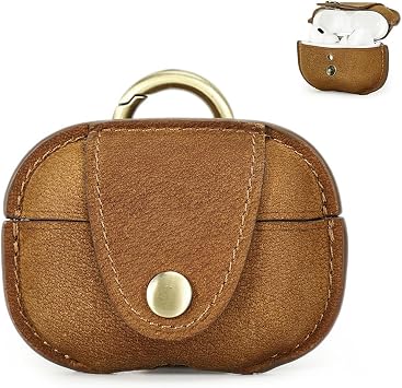 Case Compatible with AirPods Pro2, Premium Genuine Leather Protective Case Cover Shockproof with Keychain for AirPods Pro 2nd Generation, Supports Wireless Charging Brown